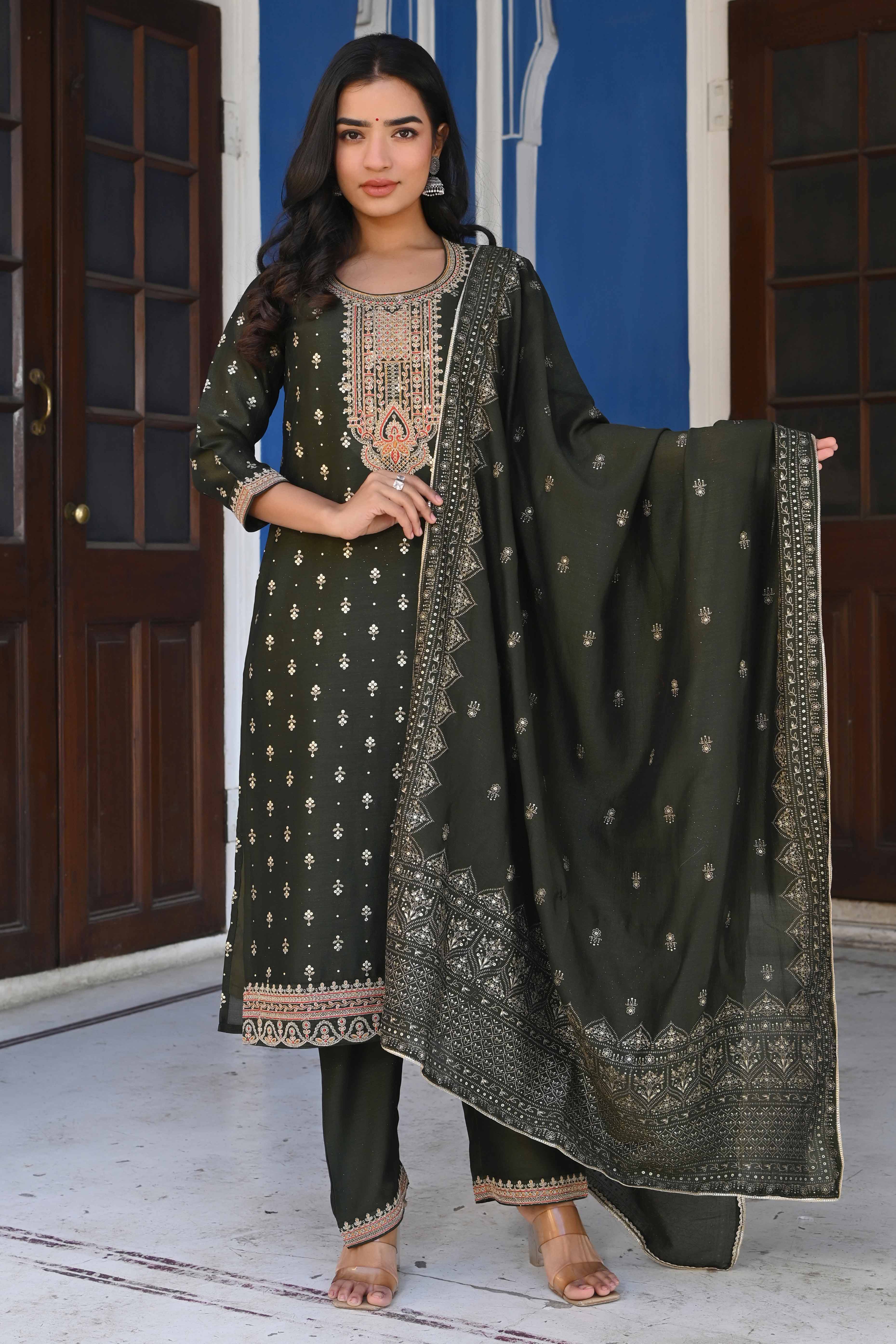 Olive Golden Embroidered Vichitra Silk Salwar Suit