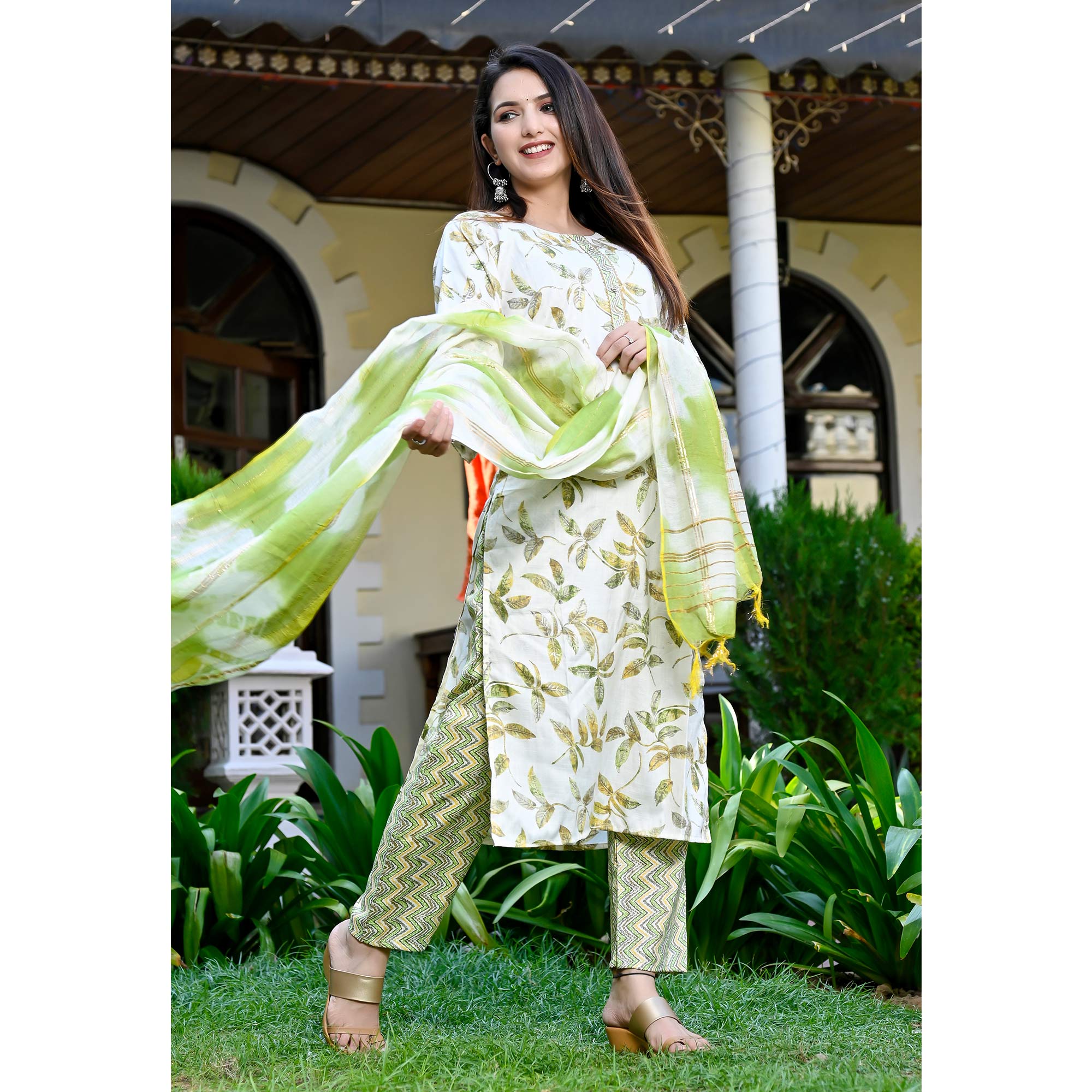 White Green Floral Printed Rayon Salwar Suit