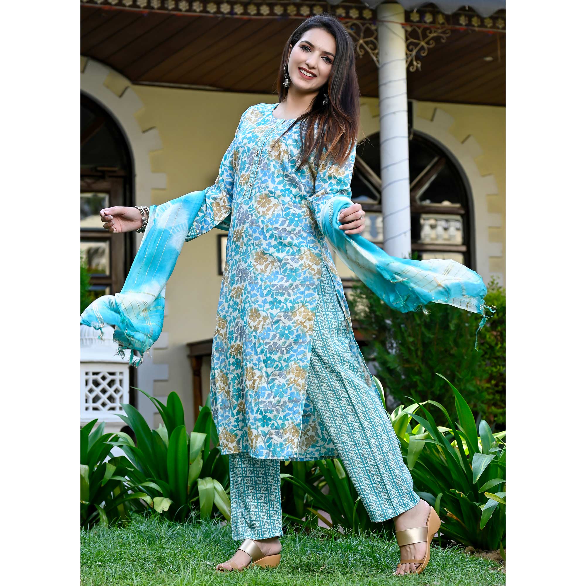 Blue Floral Printed Rayon Salwar Suit