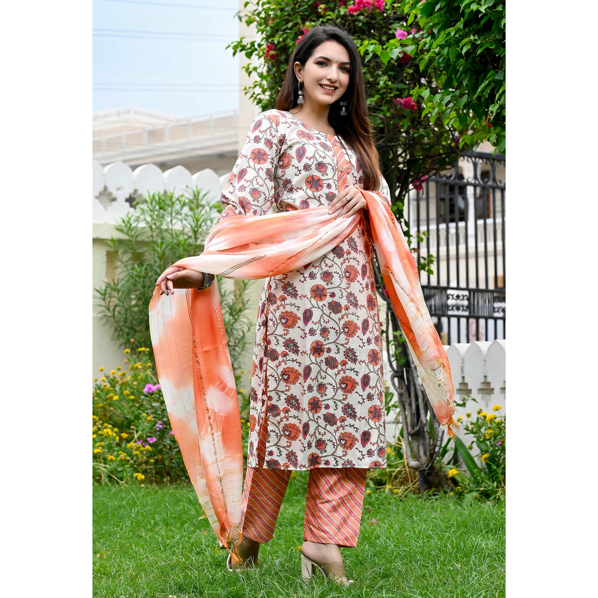 White Peach Floral Printed Rayon Salwar Suit