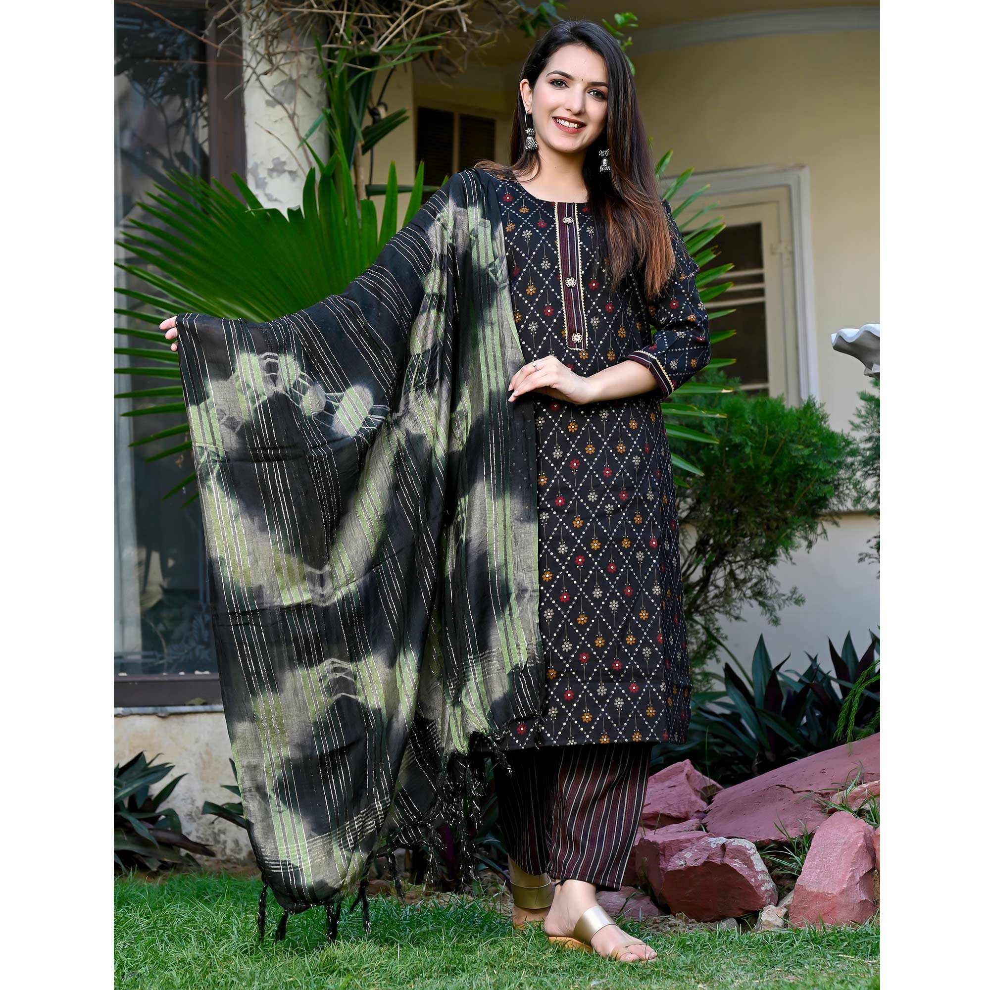 Black Foil Printed Rayon Suit