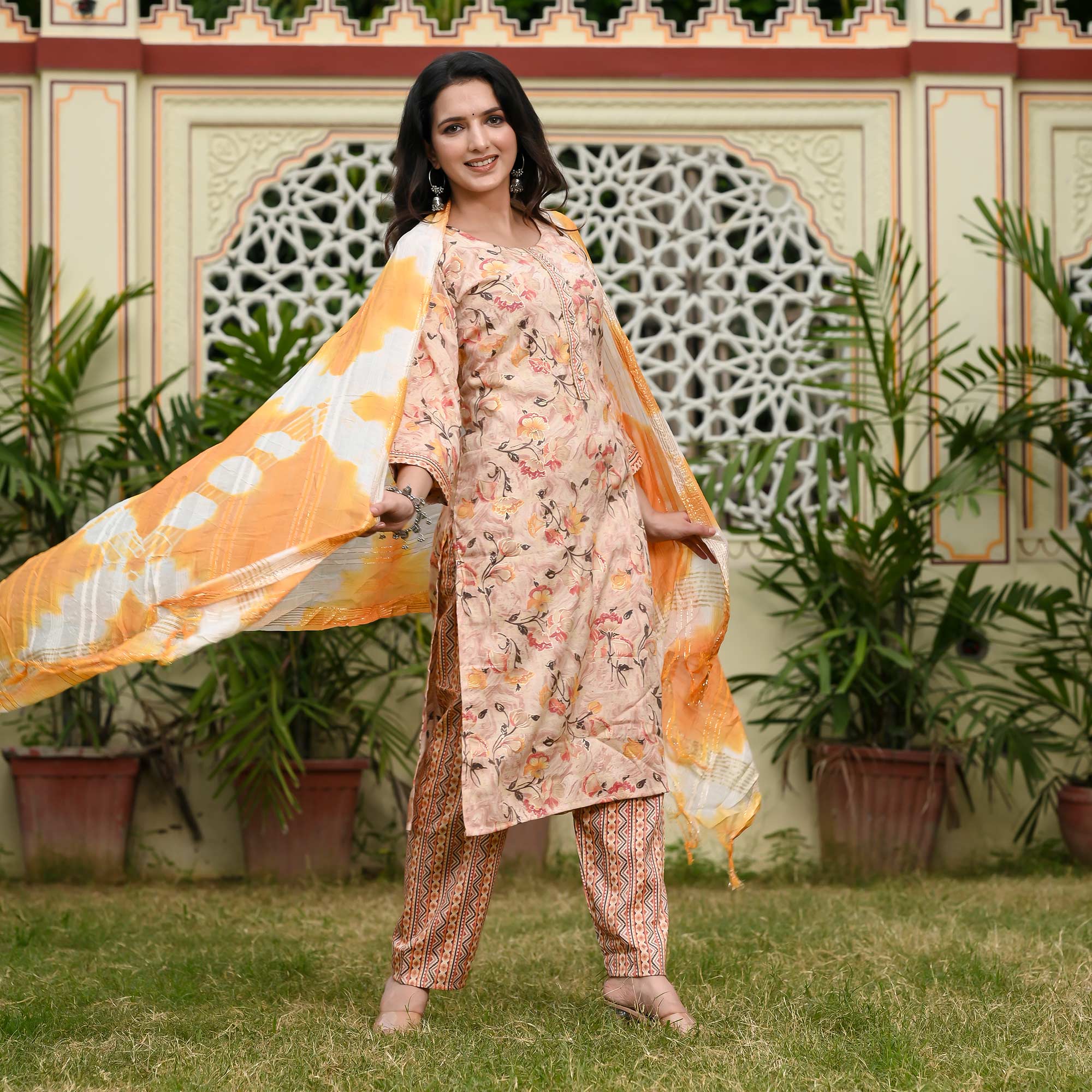 Peach Printed Rayon Suit