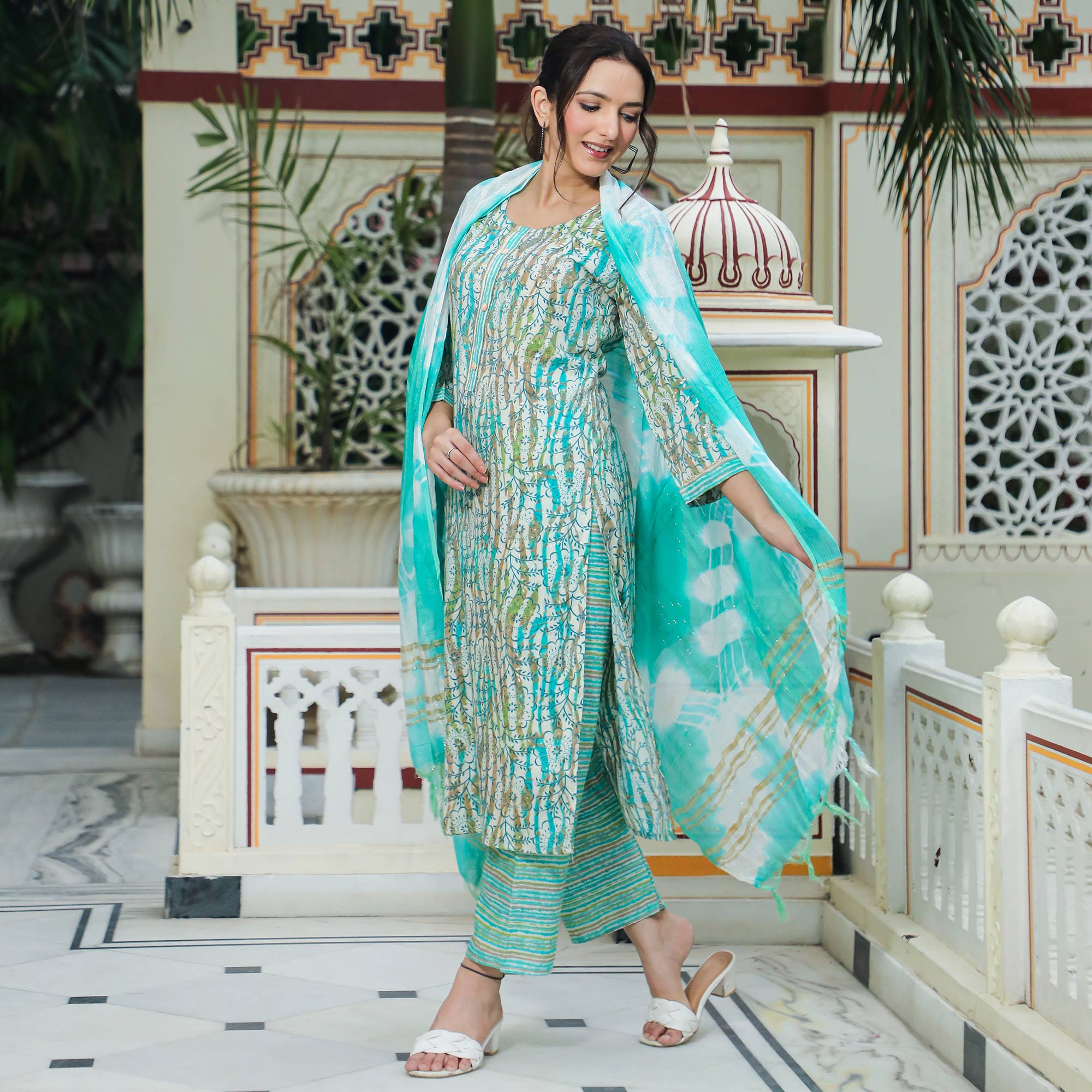 Turquoise Foil Printed Rayon Suit