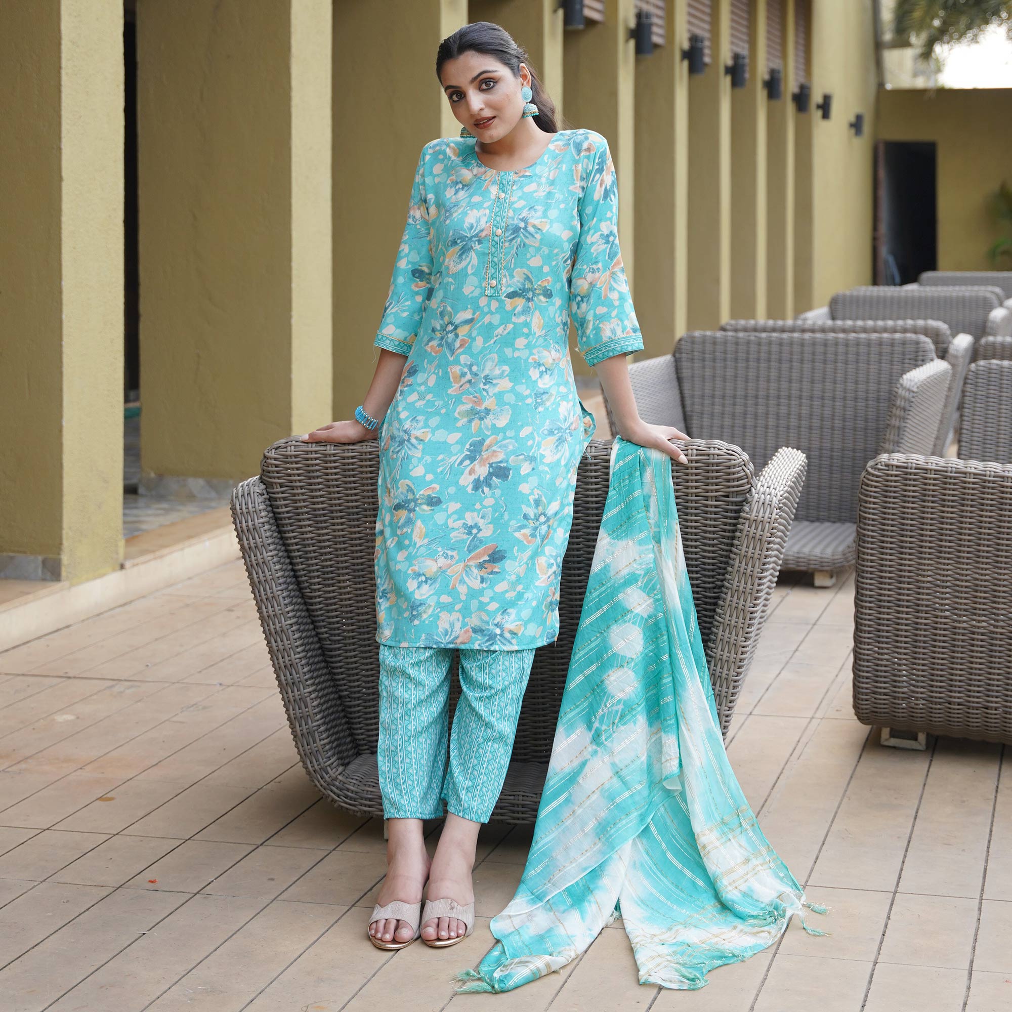 Turquoise Foil Printed Rayon Suit