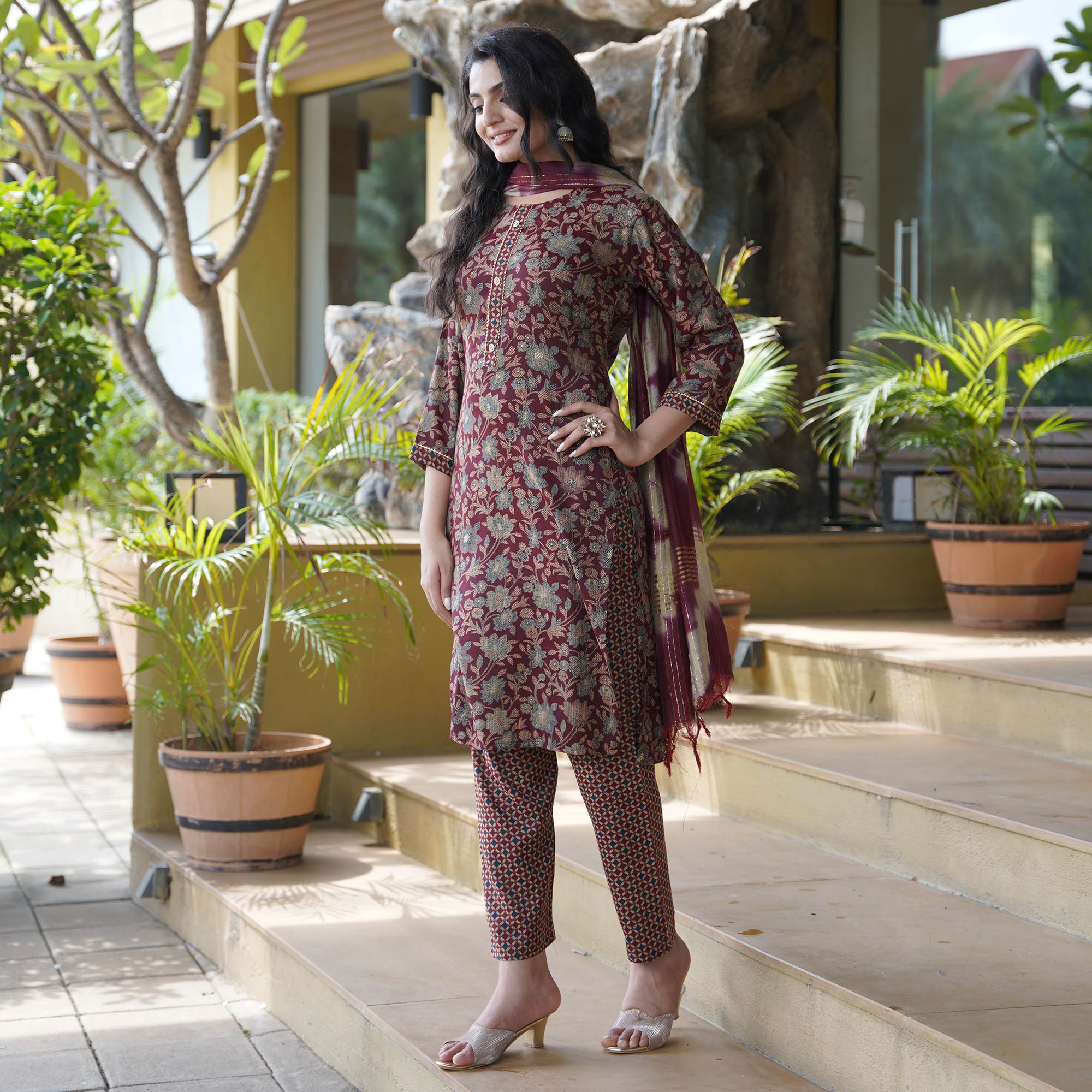 Maroon Foil Printed Rayon Suit