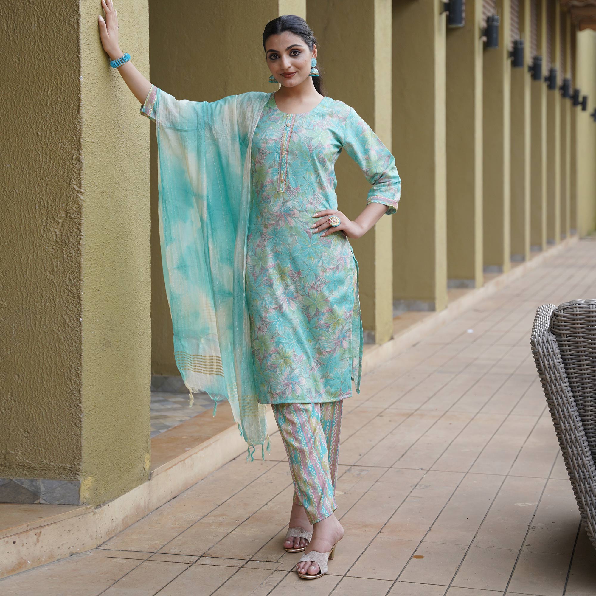 Sky Blue Foil Printed Rayon Suit