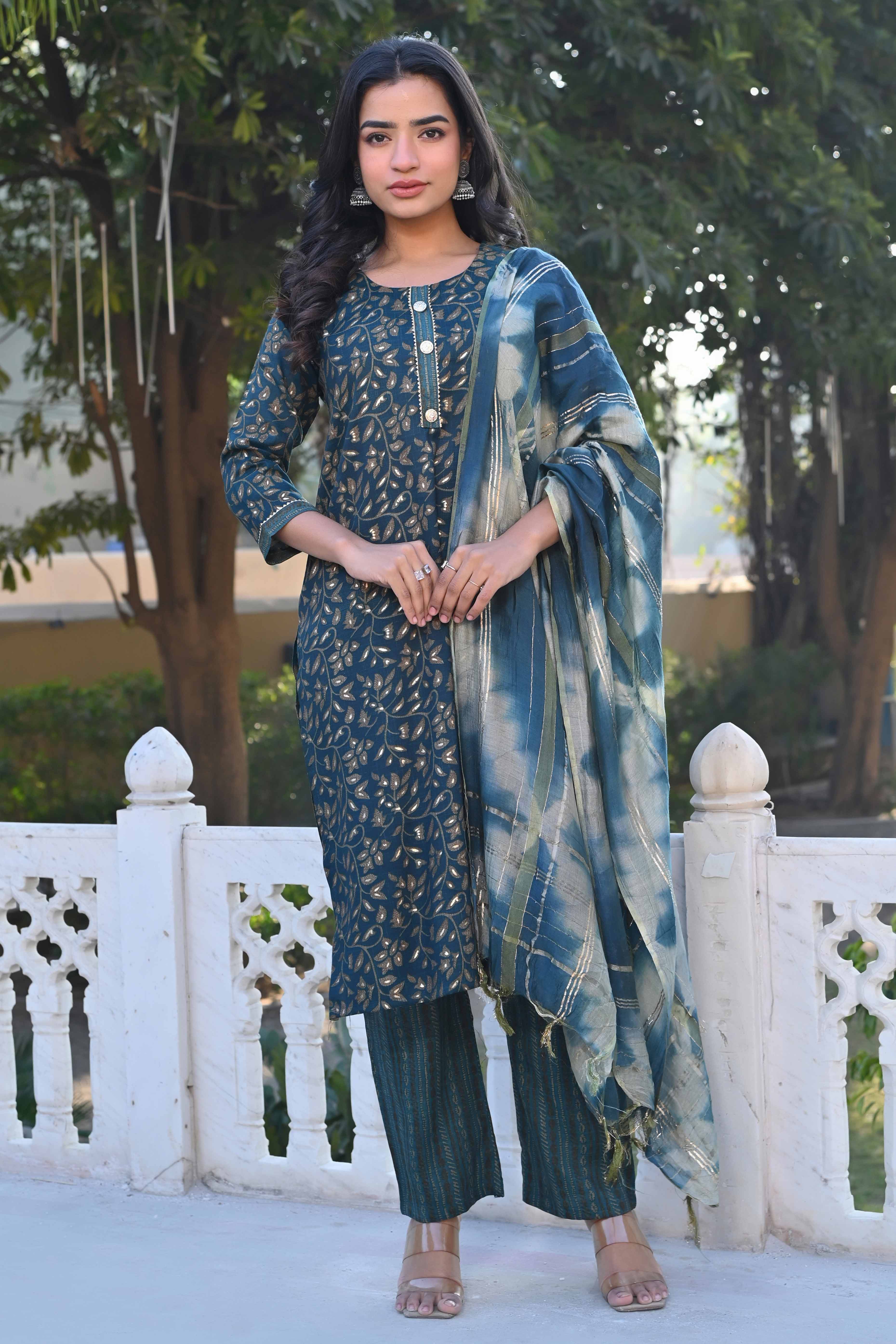 Morpich Blue Floral Foil Printed Rayon Salwar Suit