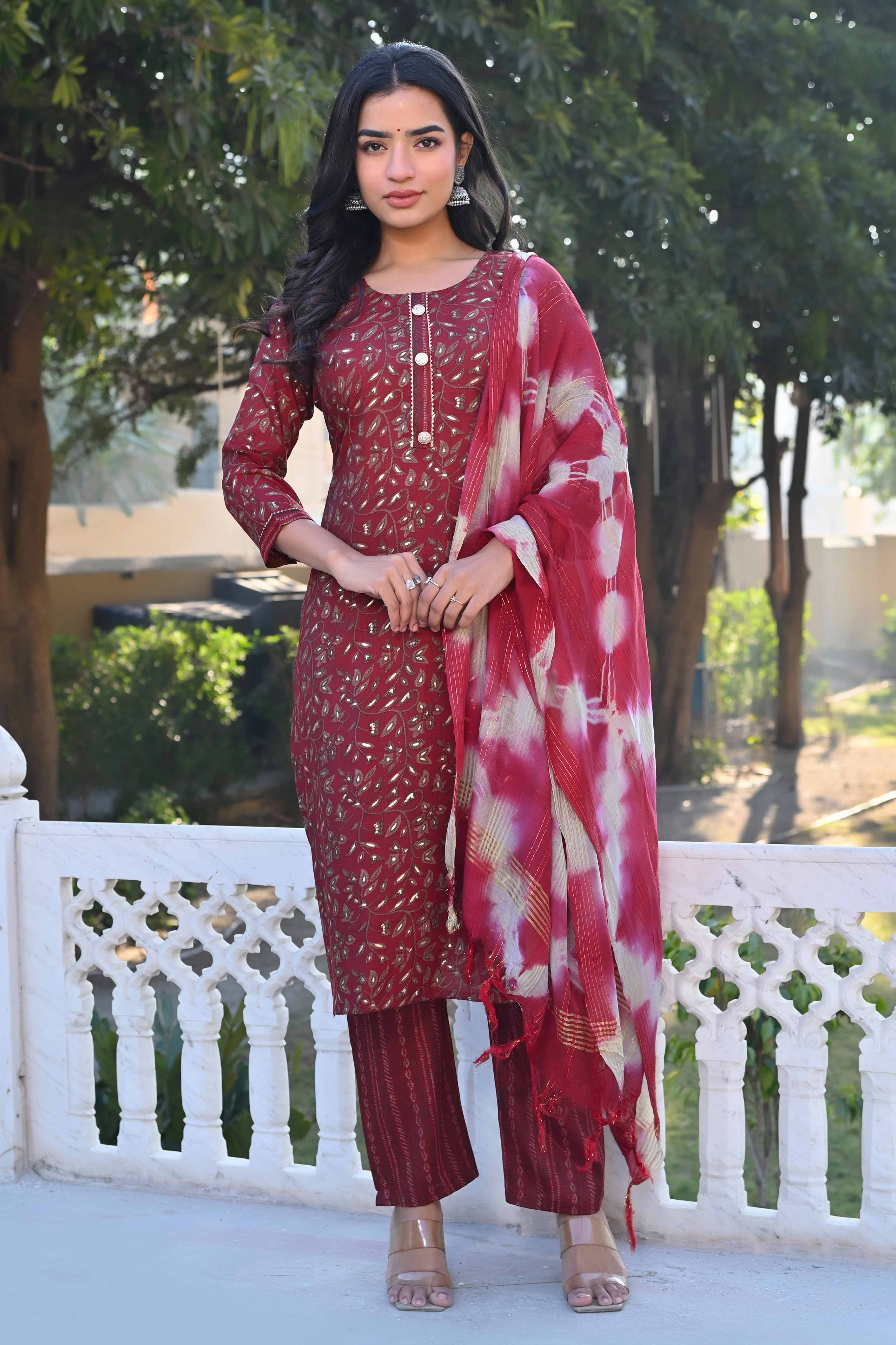 Red Floral Foil Printed Rayon Salwar Suit