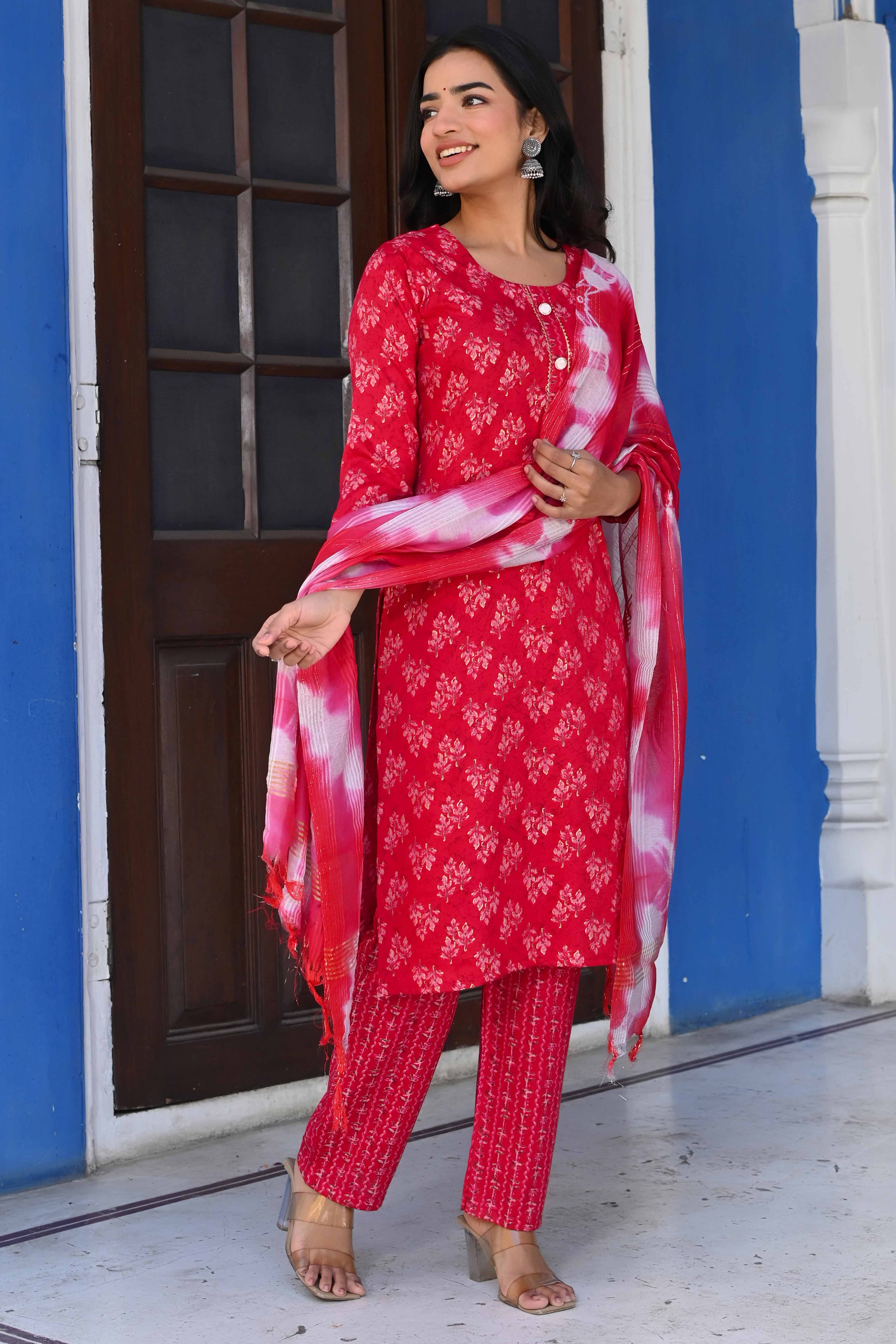 Pink Floral Foil Printed Rayon Salwar Suit