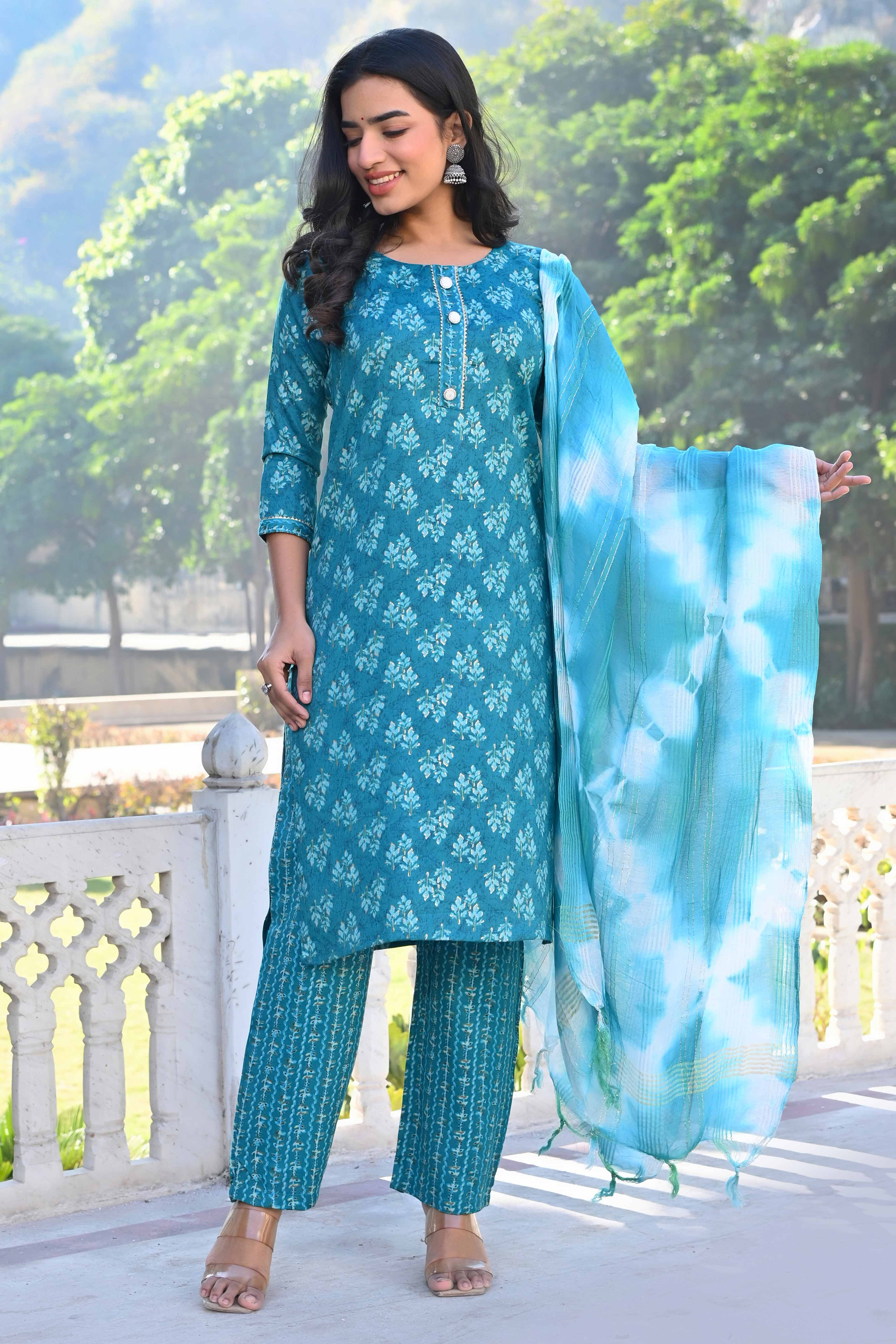 Turquoise Floral Foil Printed Rayon Salwar Suit