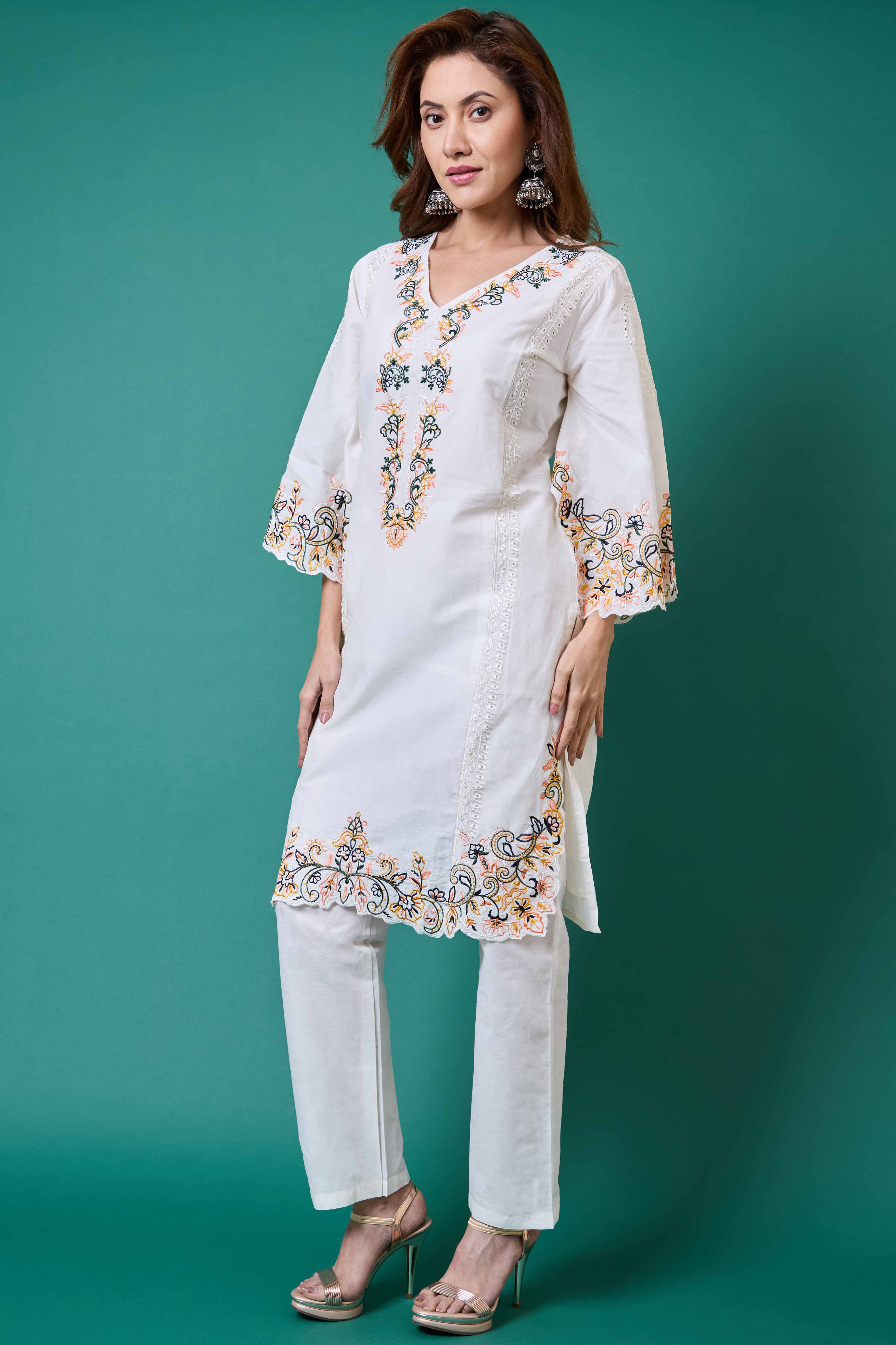 White Floral Embroidery Pure Cotton Co-Ord Set