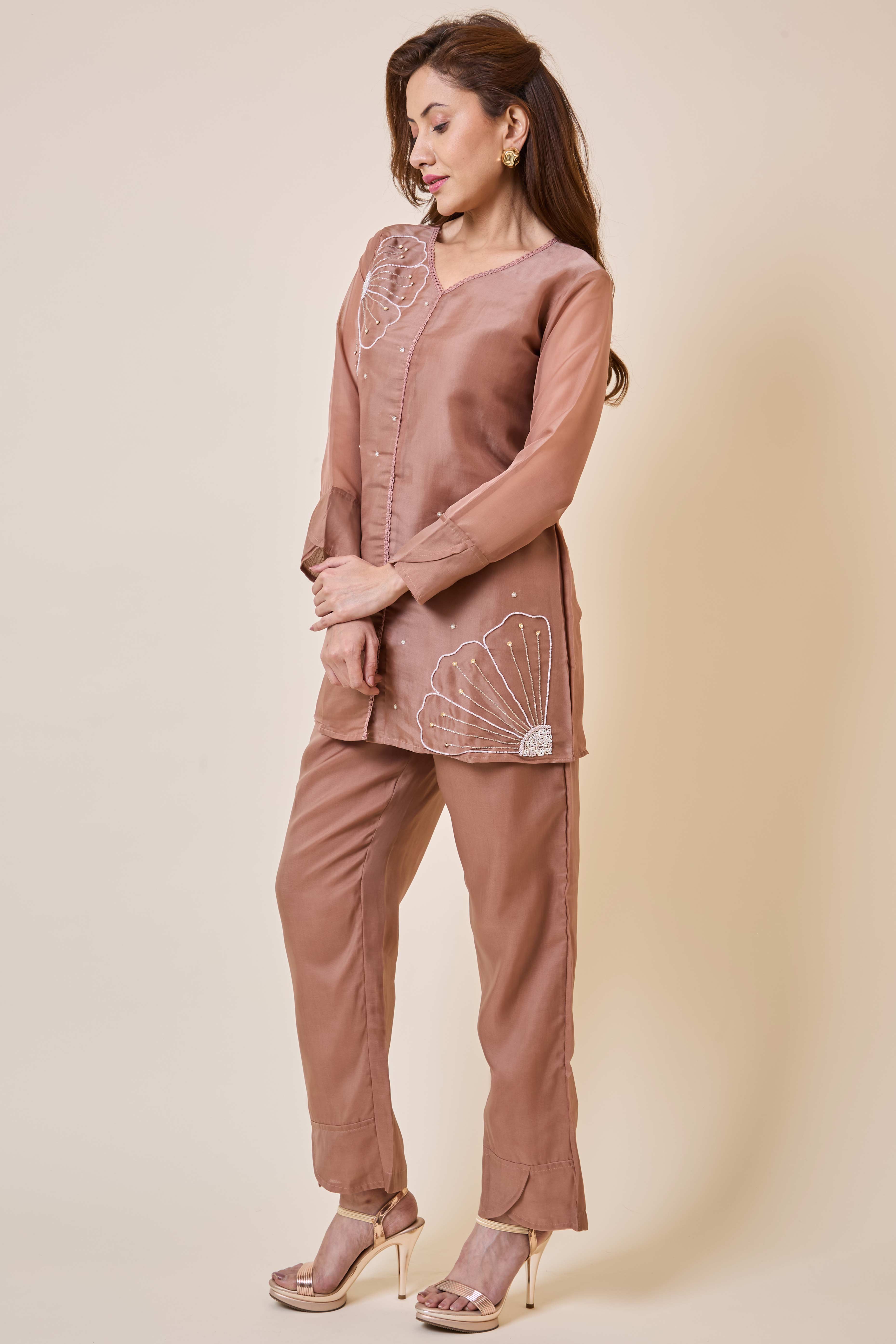 Brown Floral Embroidery Organza Co-Ord Set