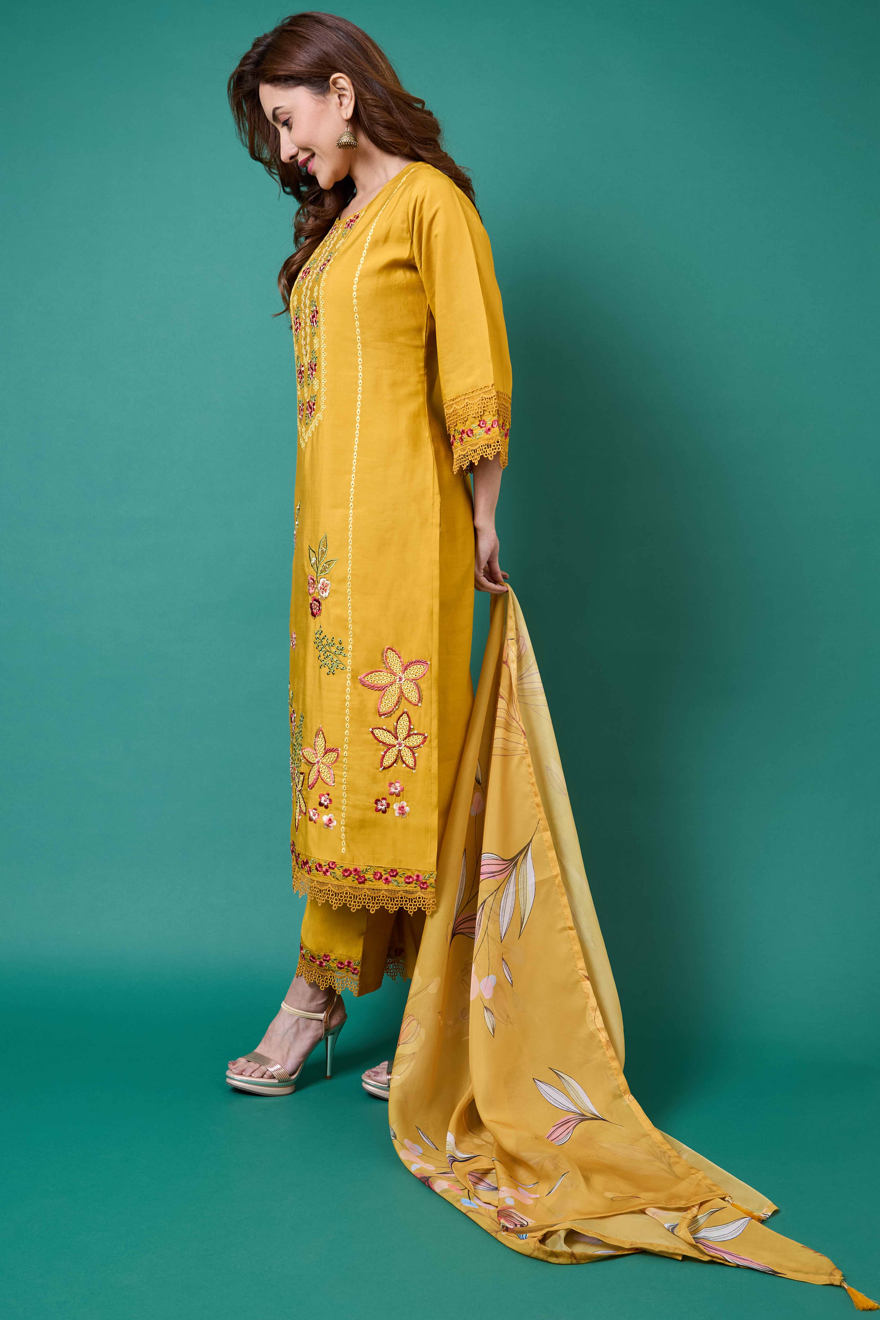 Mustard Floral Embroidered Chanderi Silk Salwar Suit