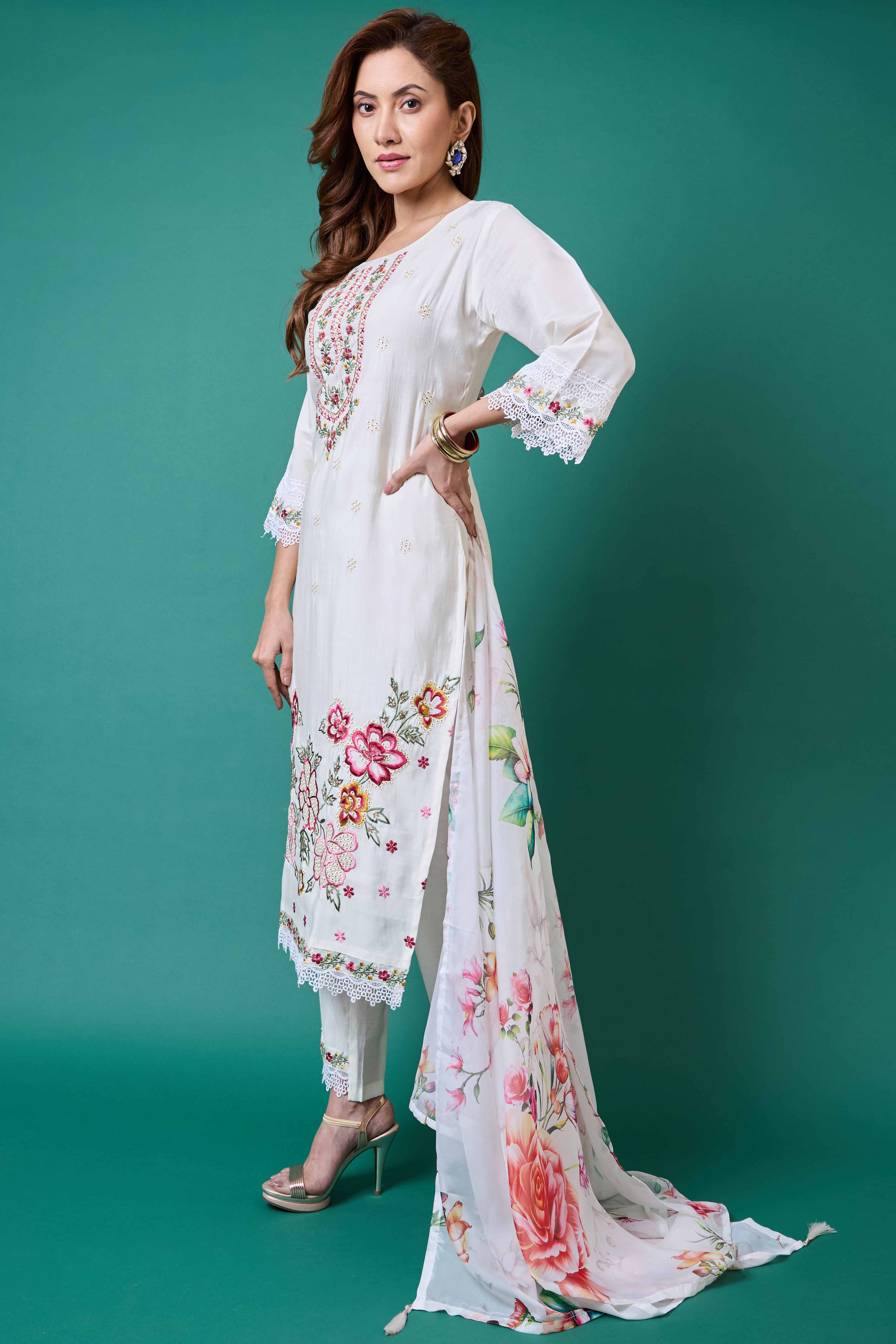 White Floral Embroidered Chanderi Silk Salwar Suit