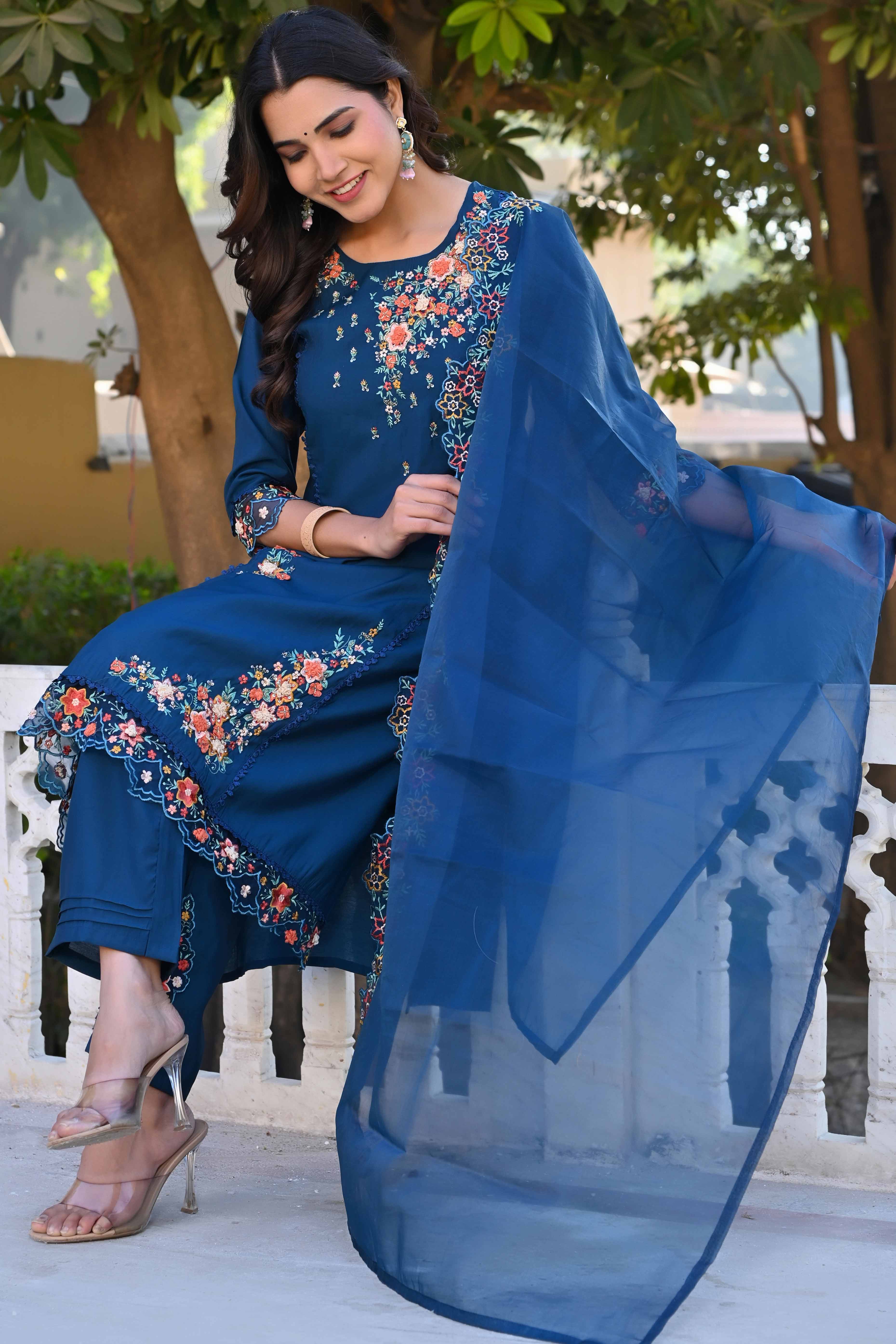 Navy Blue Floral Embroidery Handwork Viscose Salwar Suit