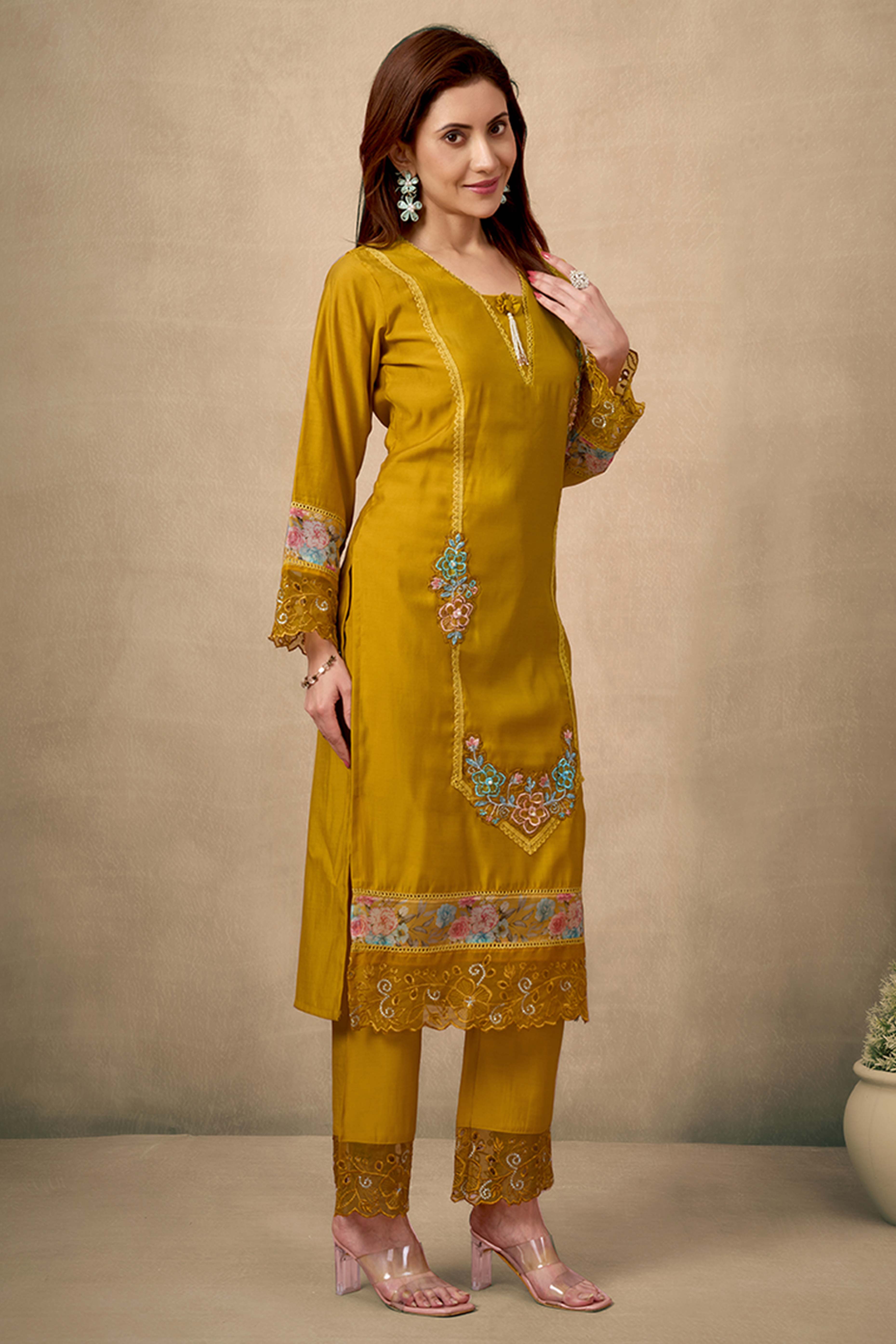 Mustard Floral Patch Work Embroidered Chanderi Straight Salwar Suit