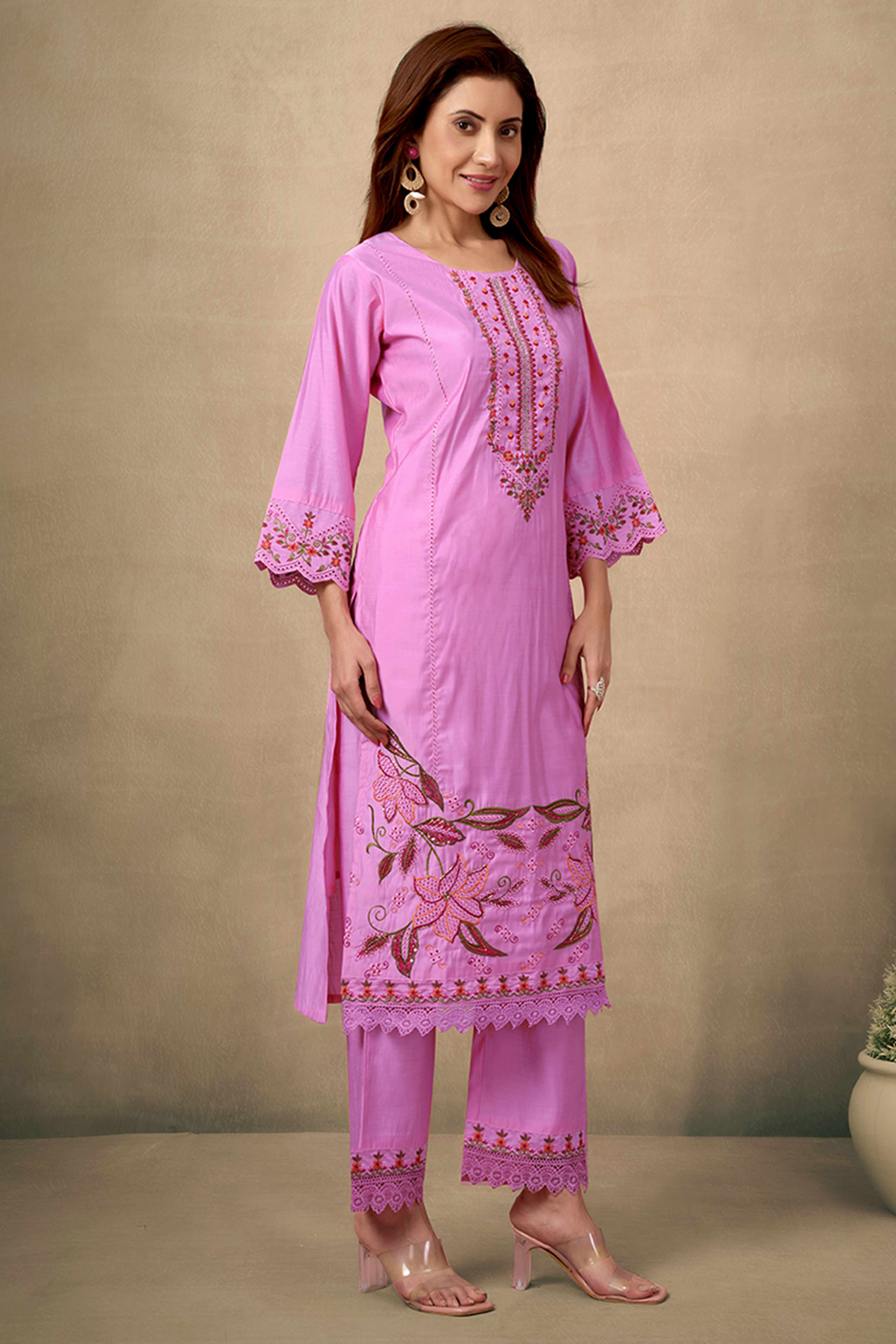 Pink Floral Embroidered Straight Salwar Suit Made of Chanderi Silk.