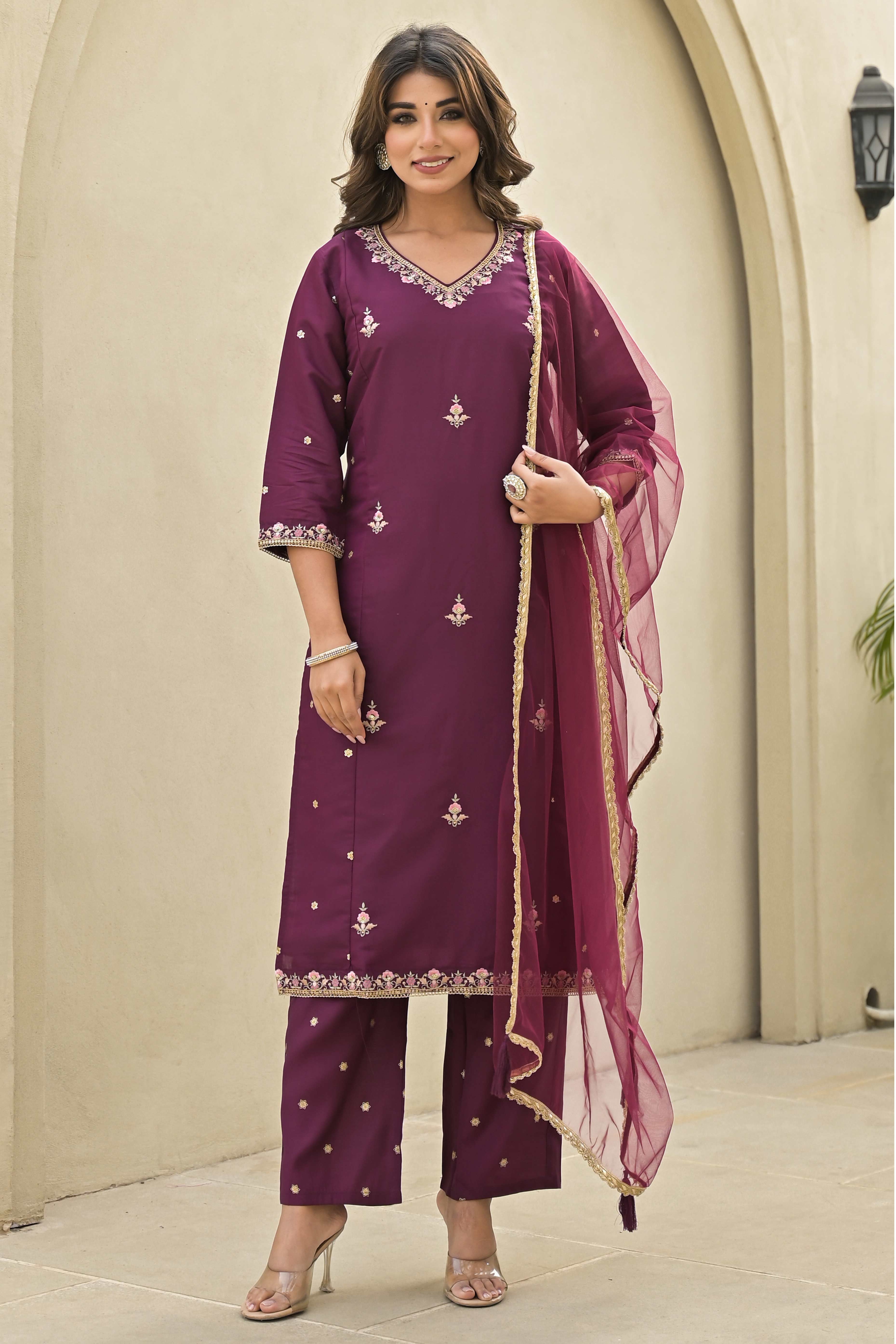 Wine Floral Embroidered Chanderi Silk Salwar Suit