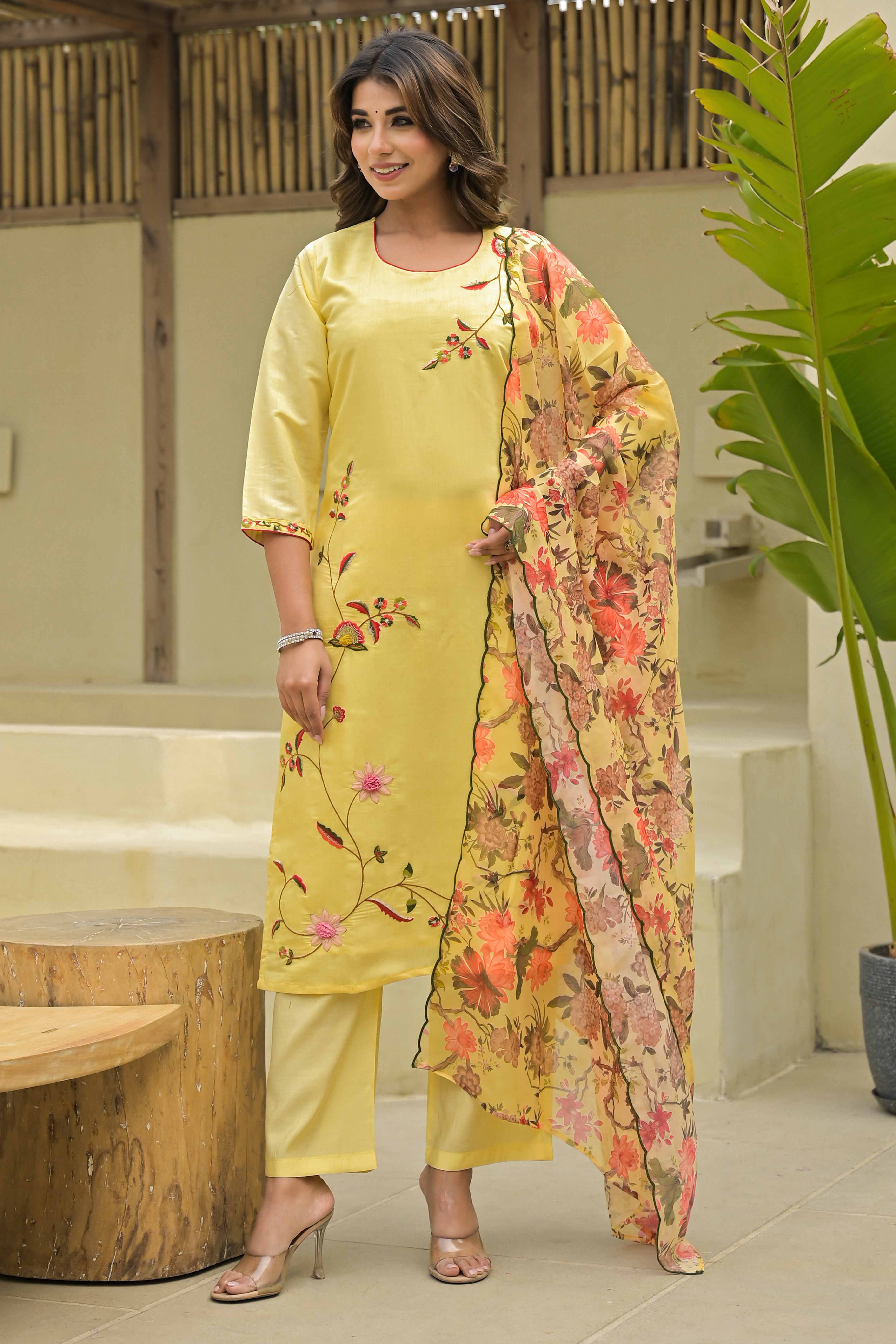 Yellow Thread Work Embroidered Chanderi Silk Salwar Suit