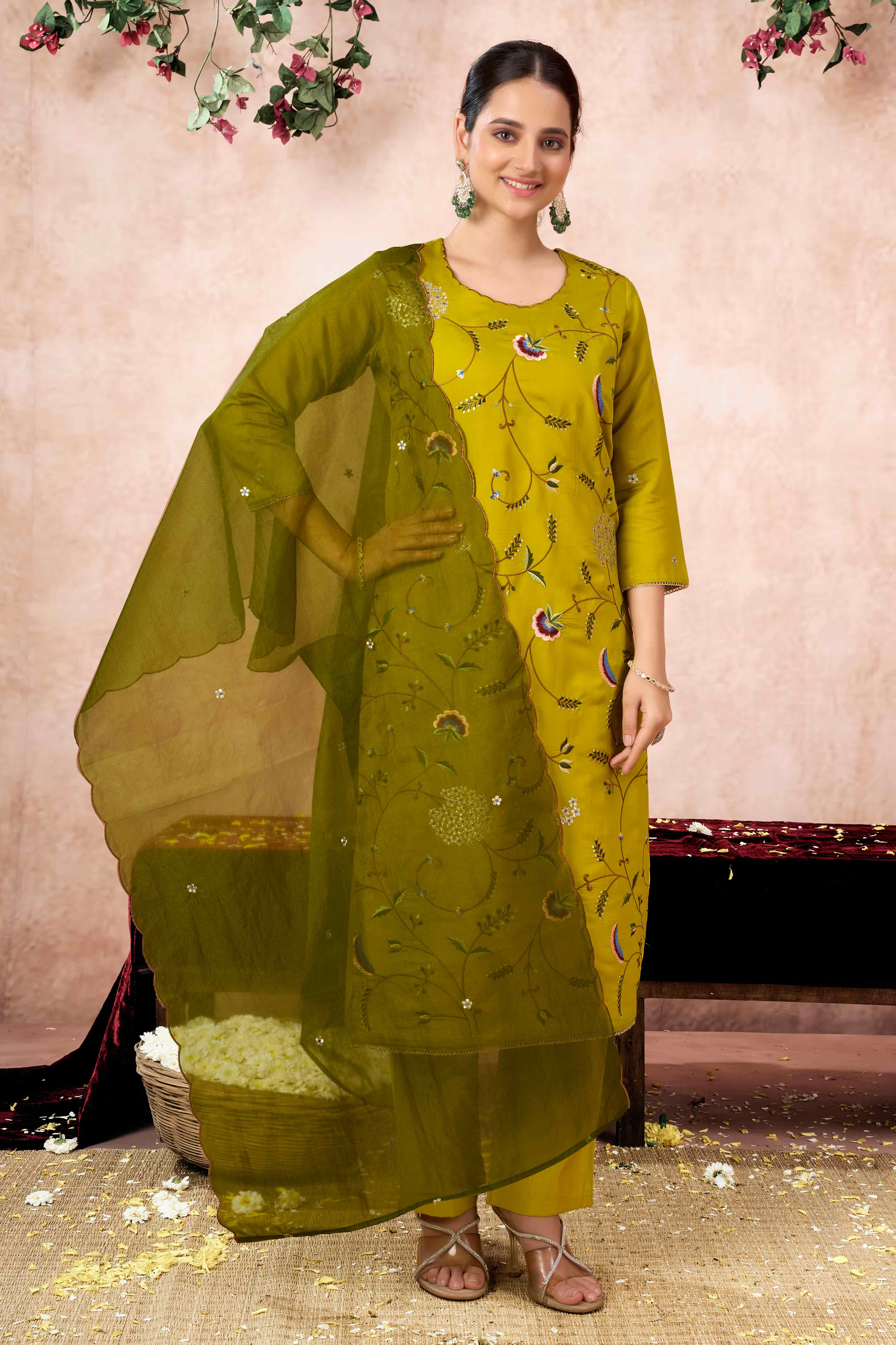Lime Yellow Floral Embroidered Muslin Straight Salwar Suit