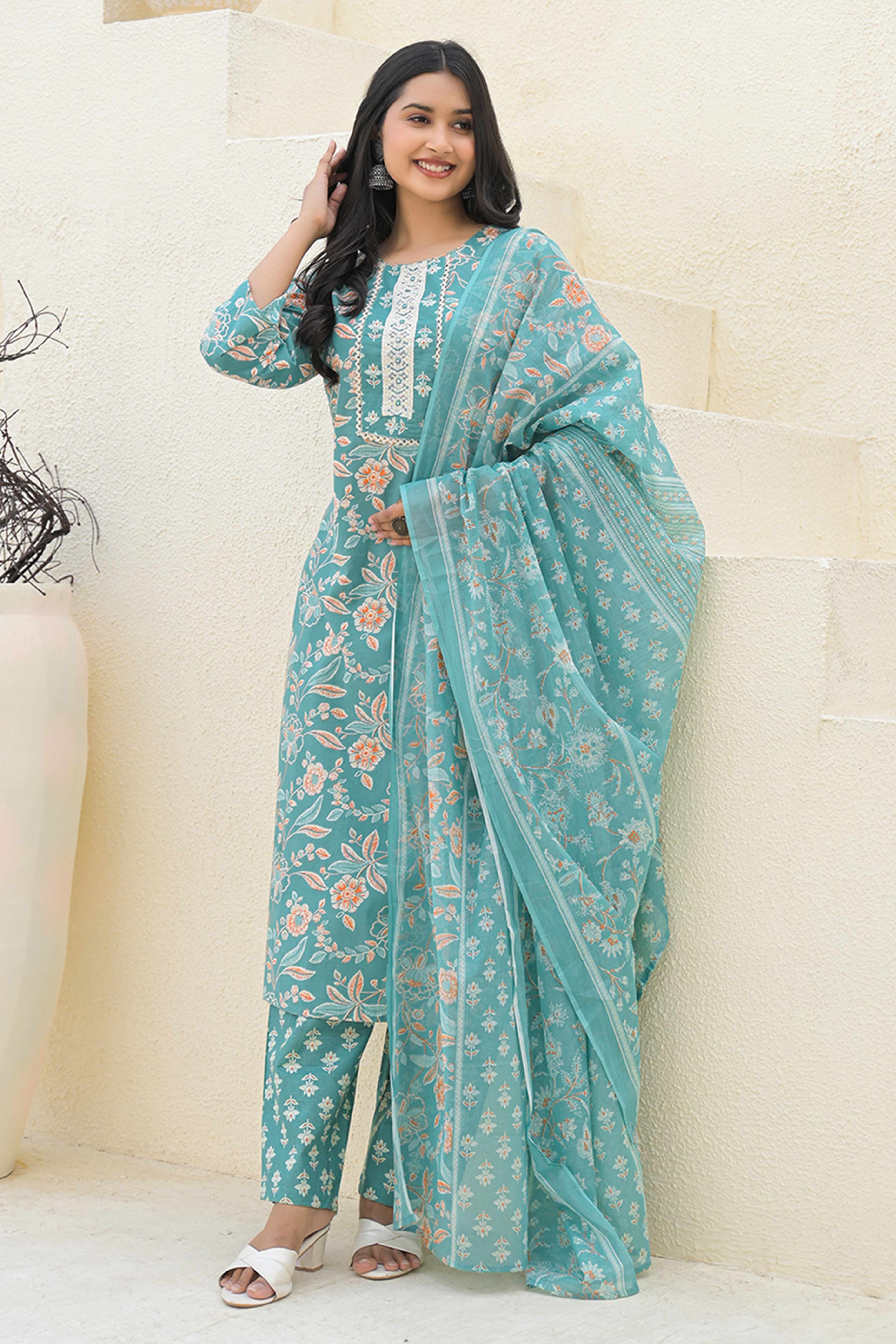 Sea Green Floral Printed With Embroidery Work Cotton Blend Straight Salwar Suit