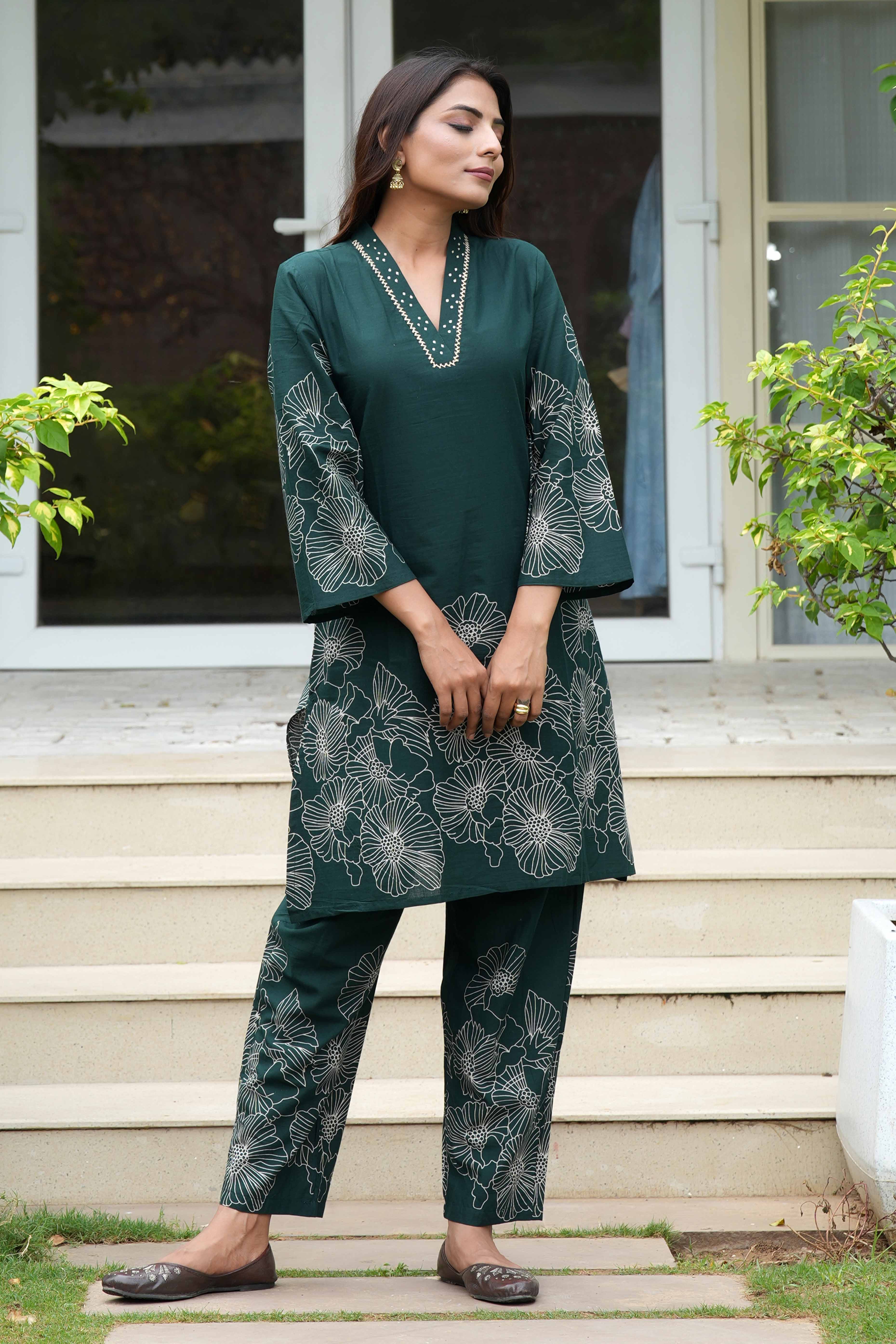 Stylish A-Line Cotton Co-Ord Set in Bottle Green with Floral Prints