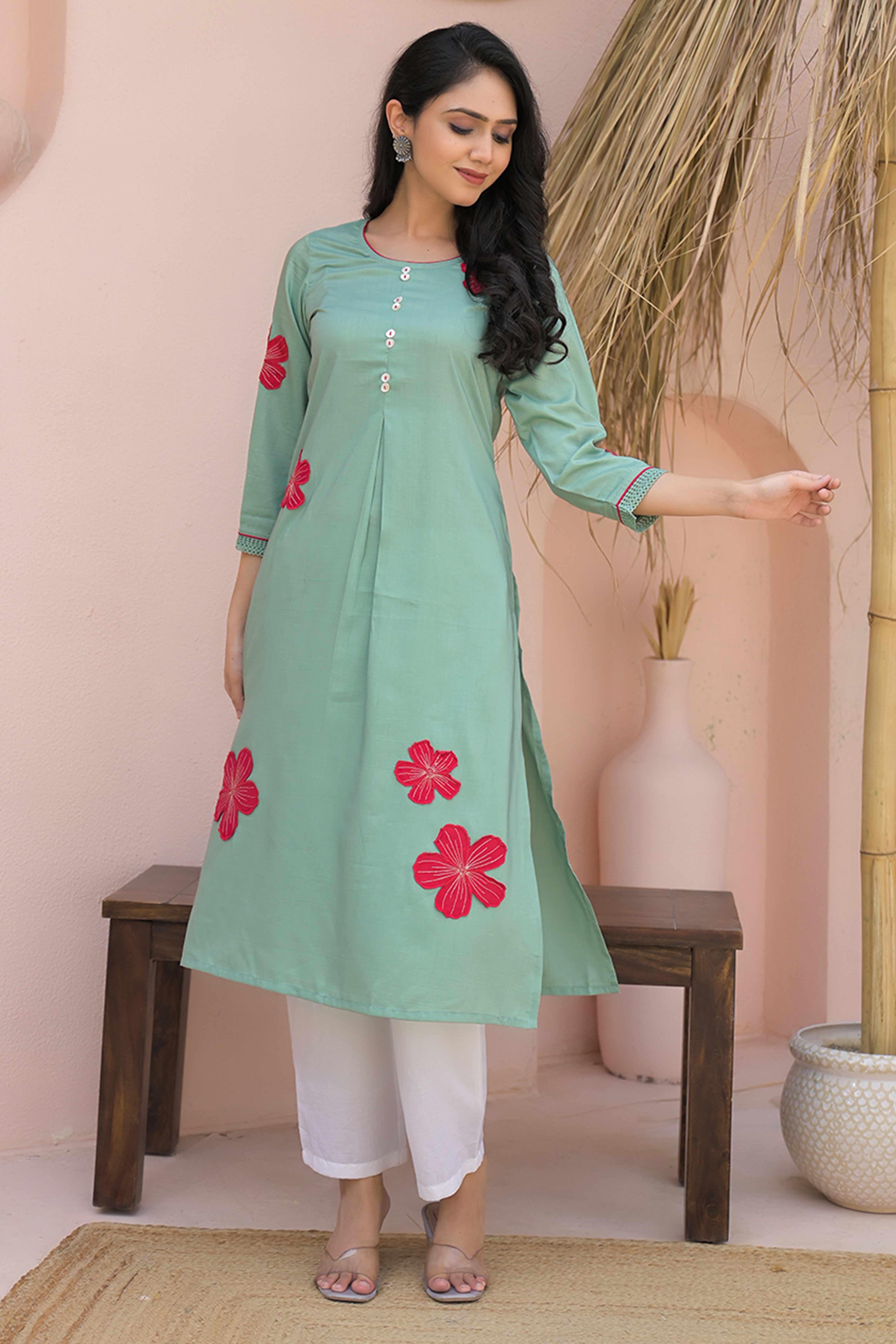Sea Green Cotton Blend Straight Kurti with Embroidered Floral Patterns