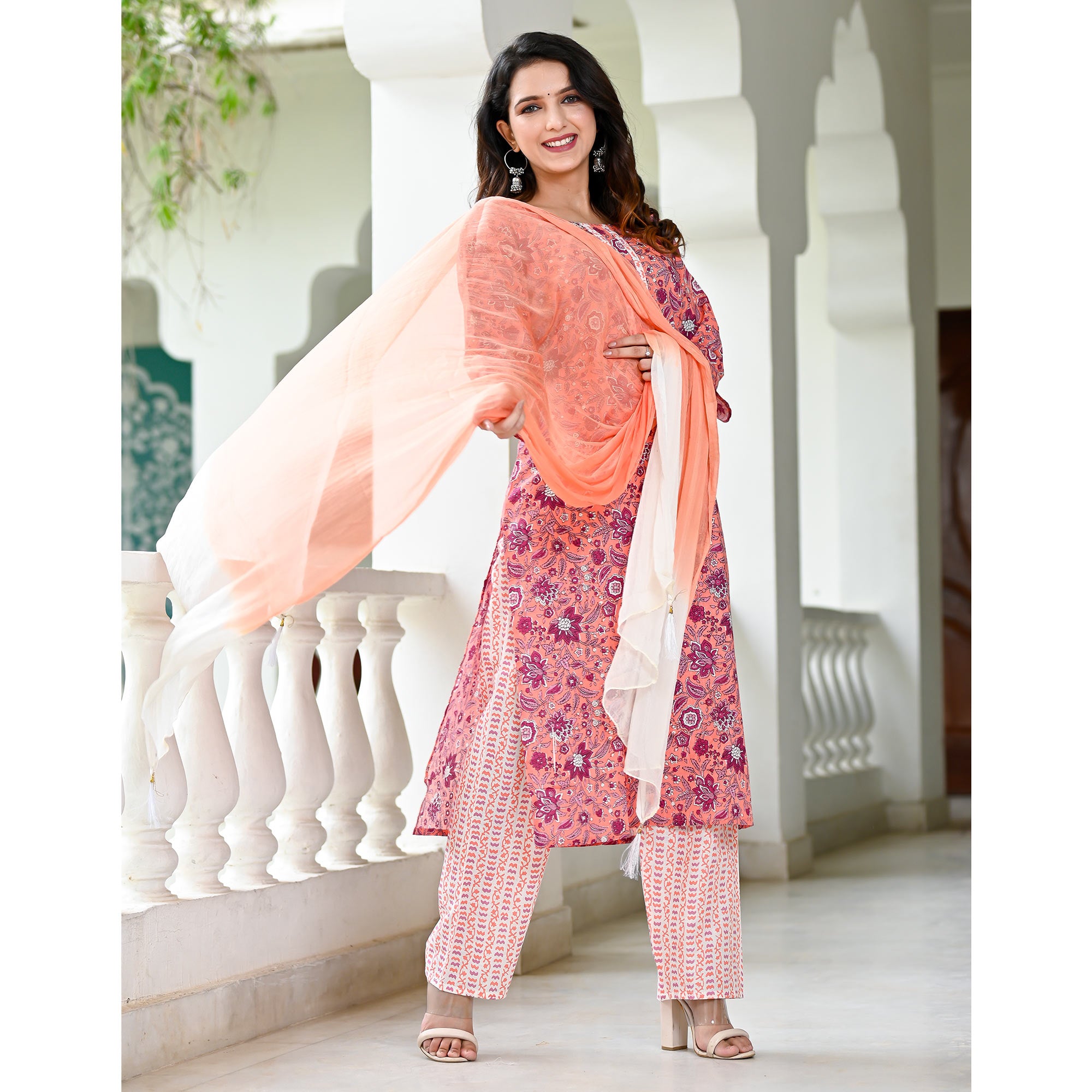 Peach Floral Printed Pure Cotton Suit