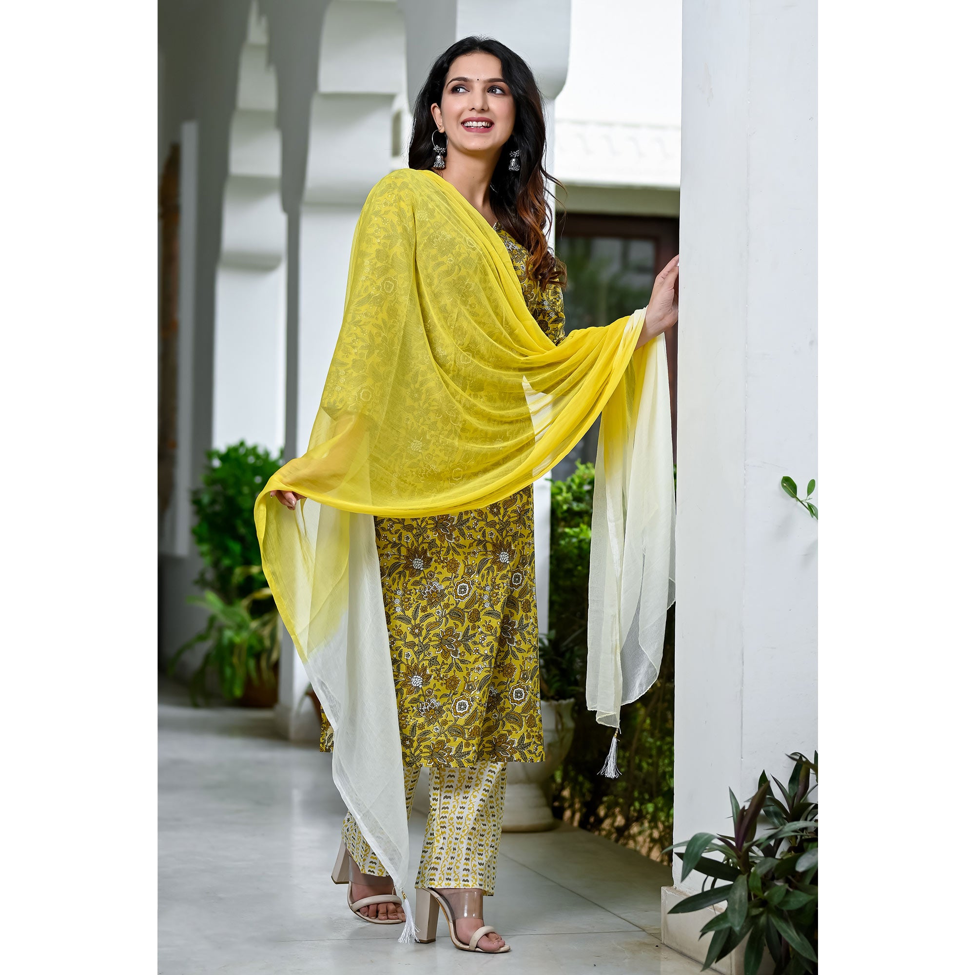 Yellow Floral Printed Pure Cotton Suit