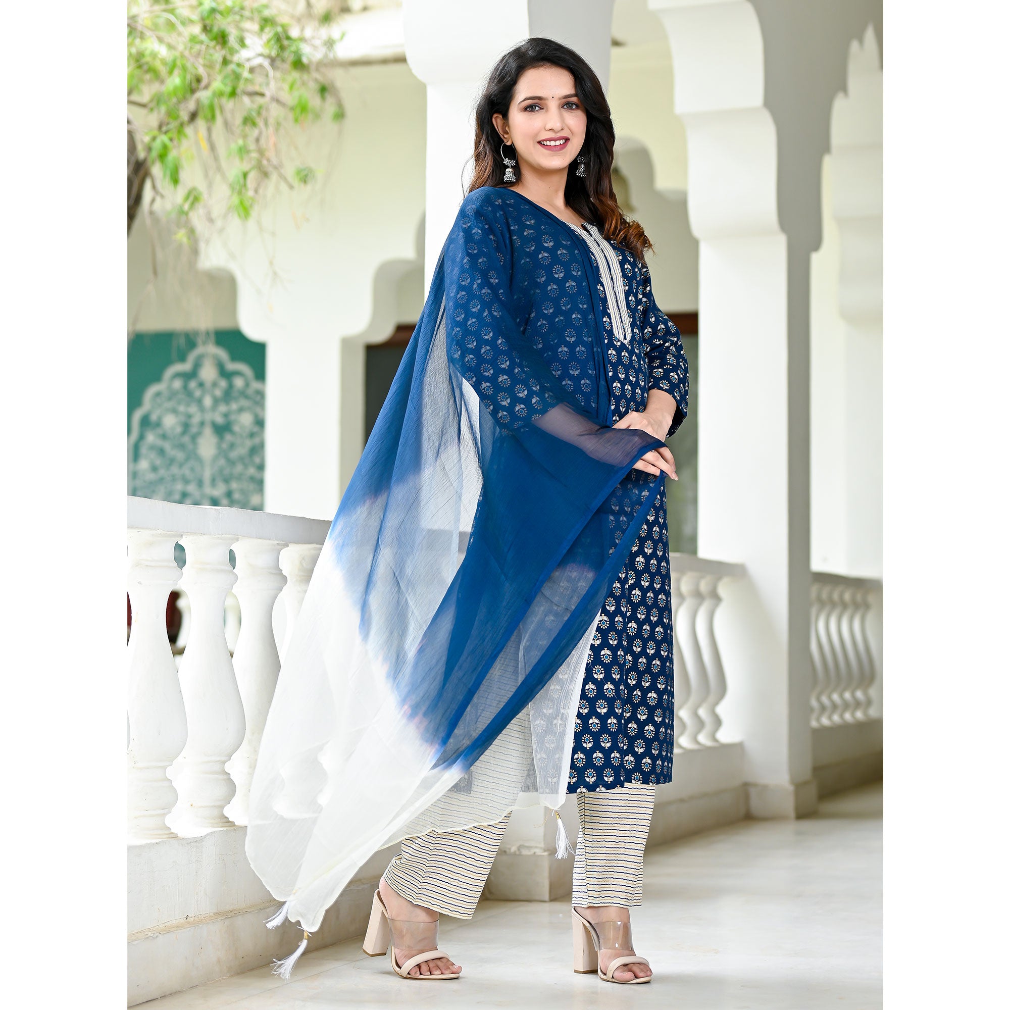 Blue Floral Foil Printed Pure Cotton Suit