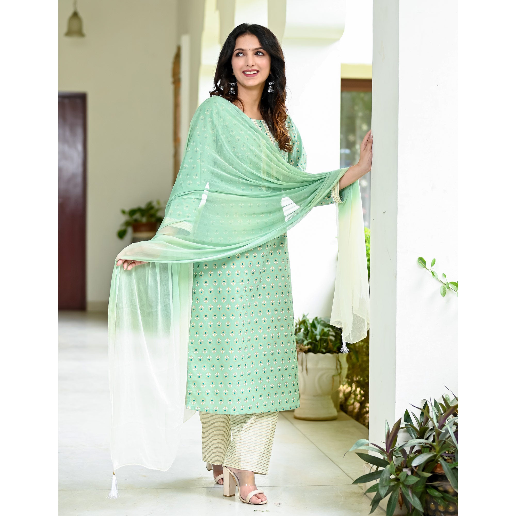 Green Floral Foil Printed Pure Cotton Suit