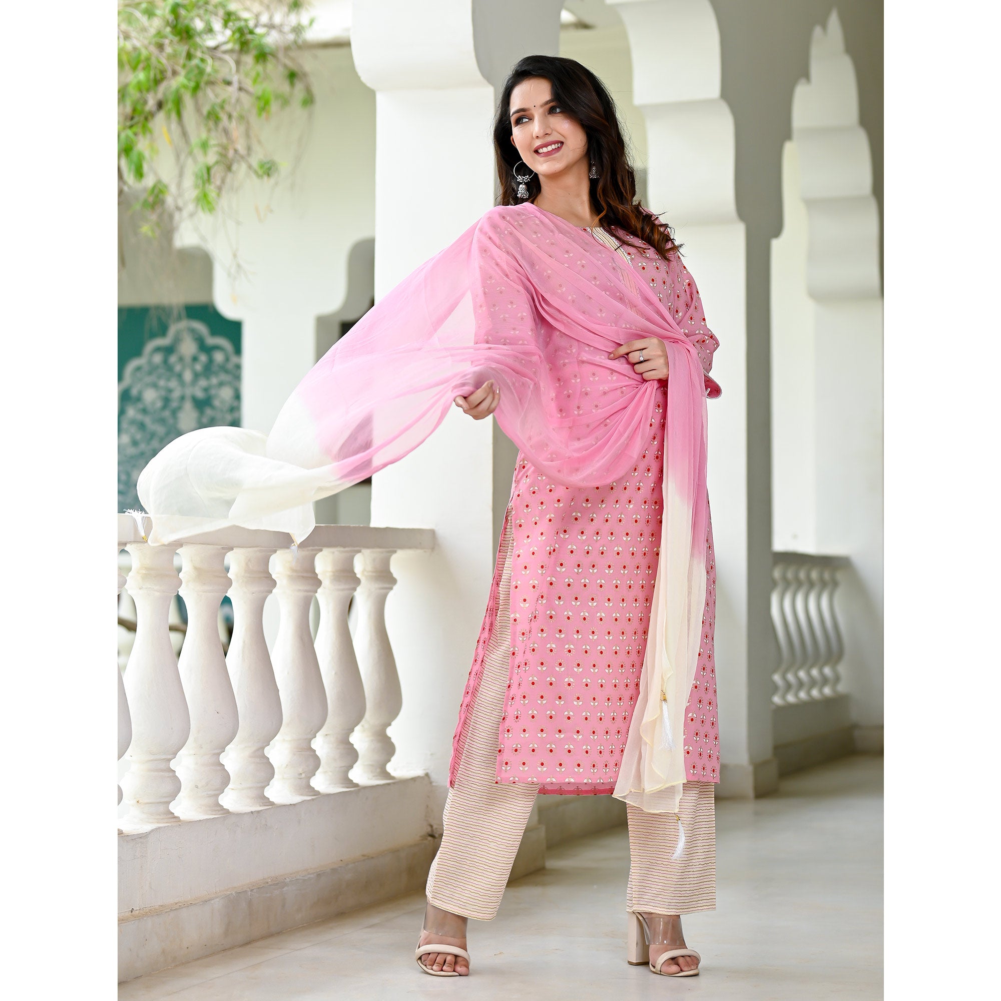 Pink Floral Foil Printed Pure Cotton Suit