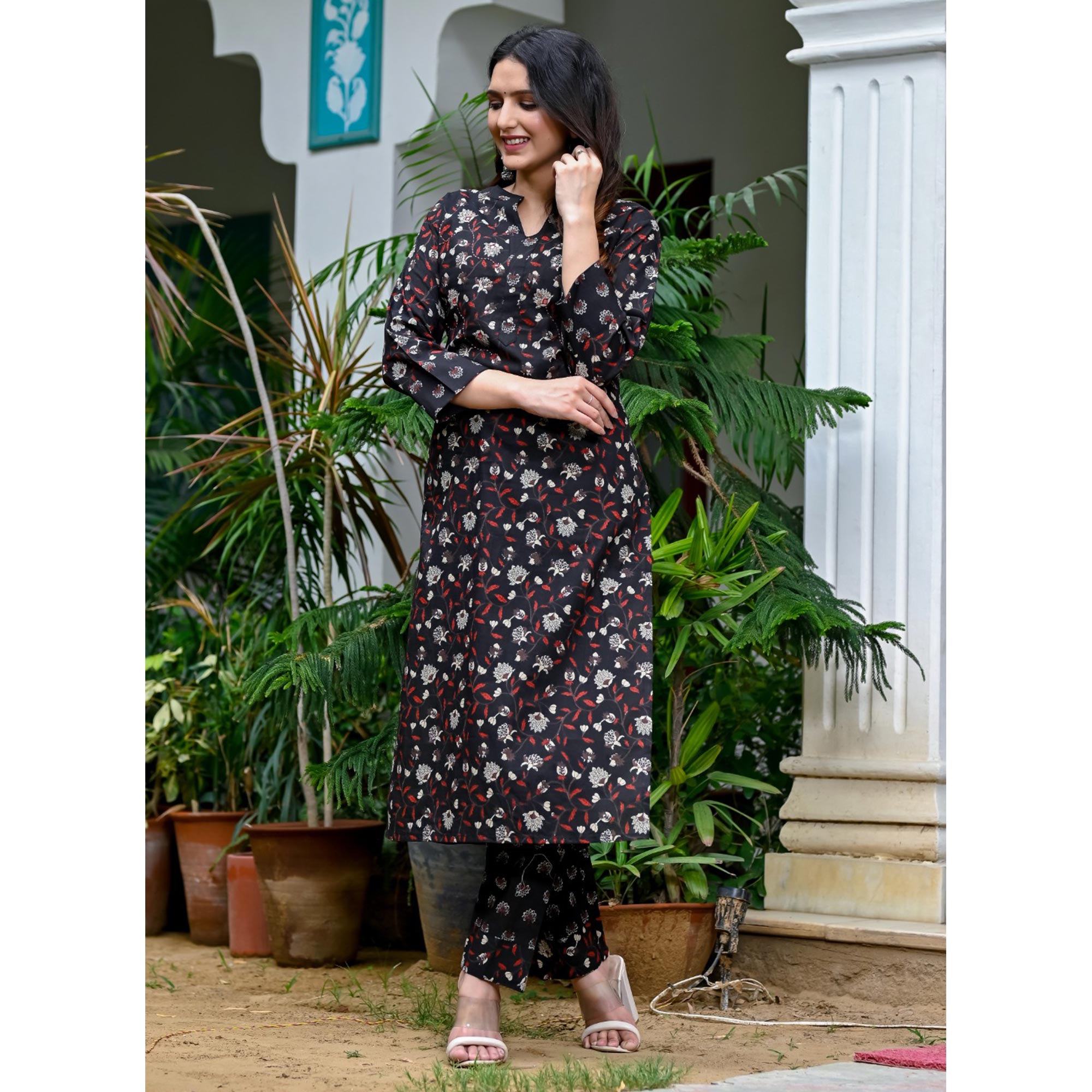 Black Floral Printed Pure Cotton Kurti Pant Set