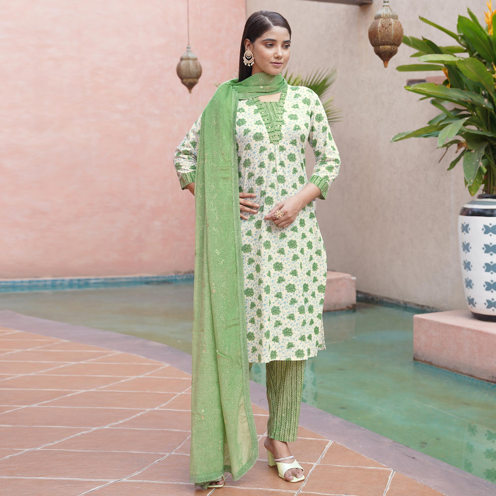 White & Green Floral Printed Pure Cotton Suit