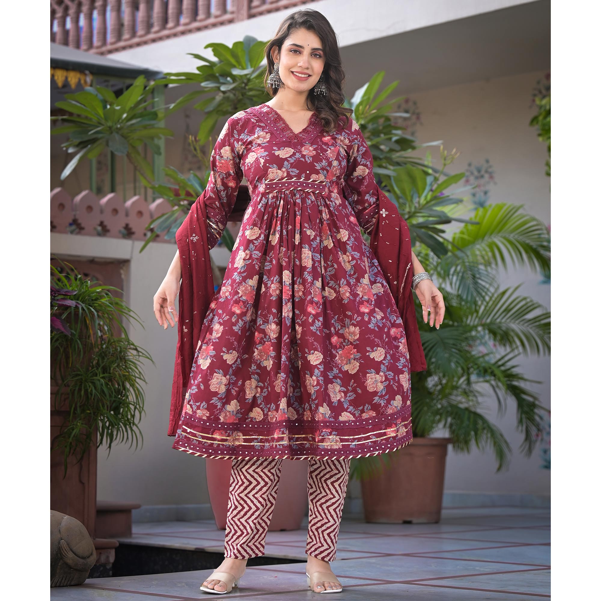 Maroon Floral Printed Pure Cotton Anarkali Salwar Suit