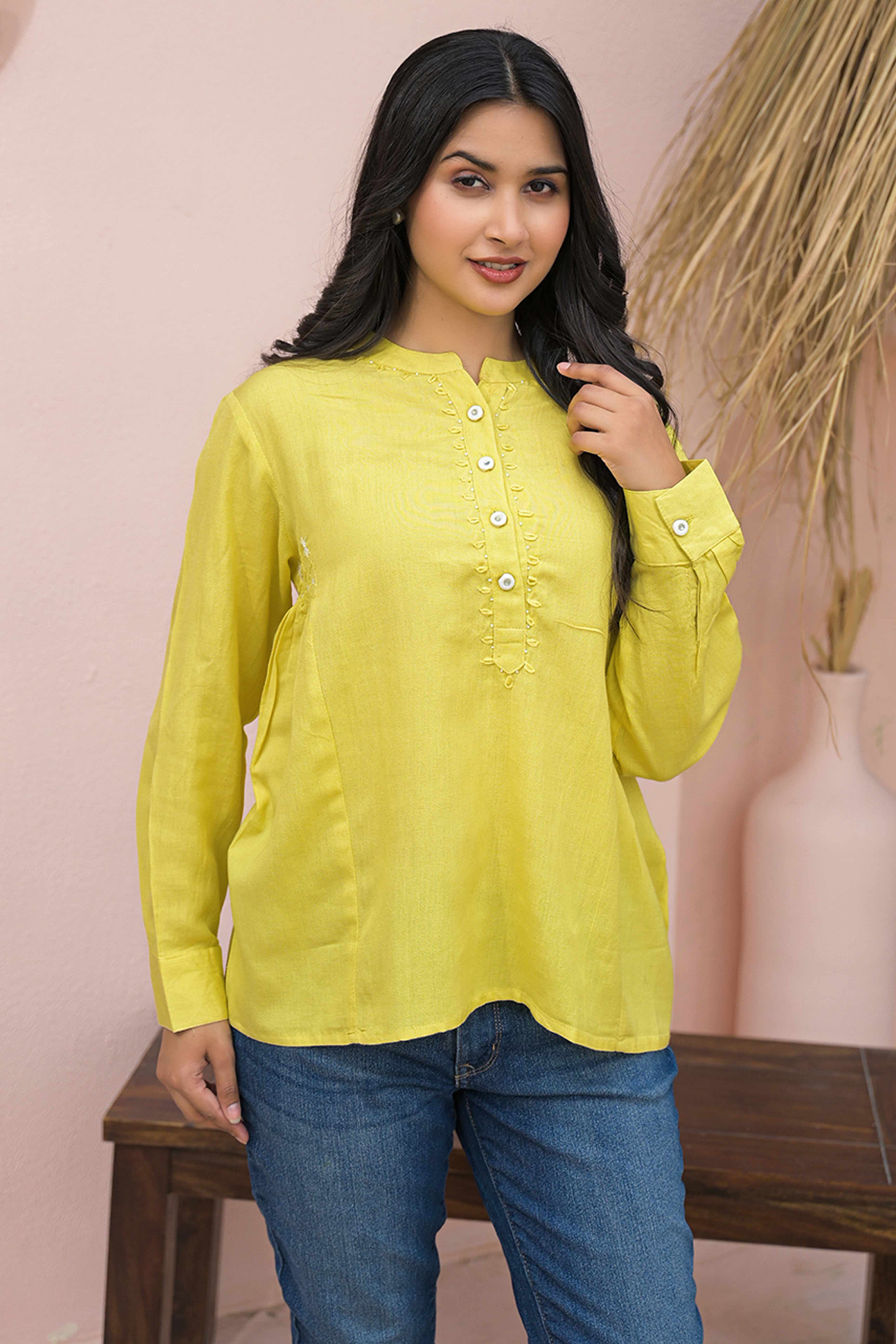 Bright Lemon Yellow Solid Cotton Top With Flowy A-Line Fit
