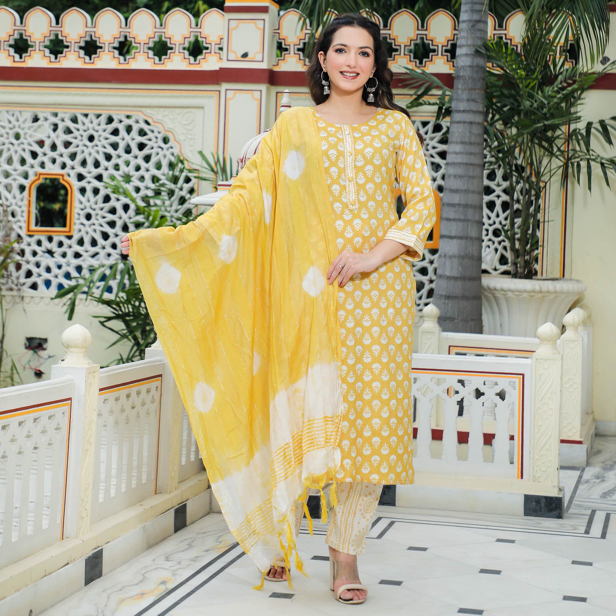 Yellow Floral Foil Printed Rayon Suit