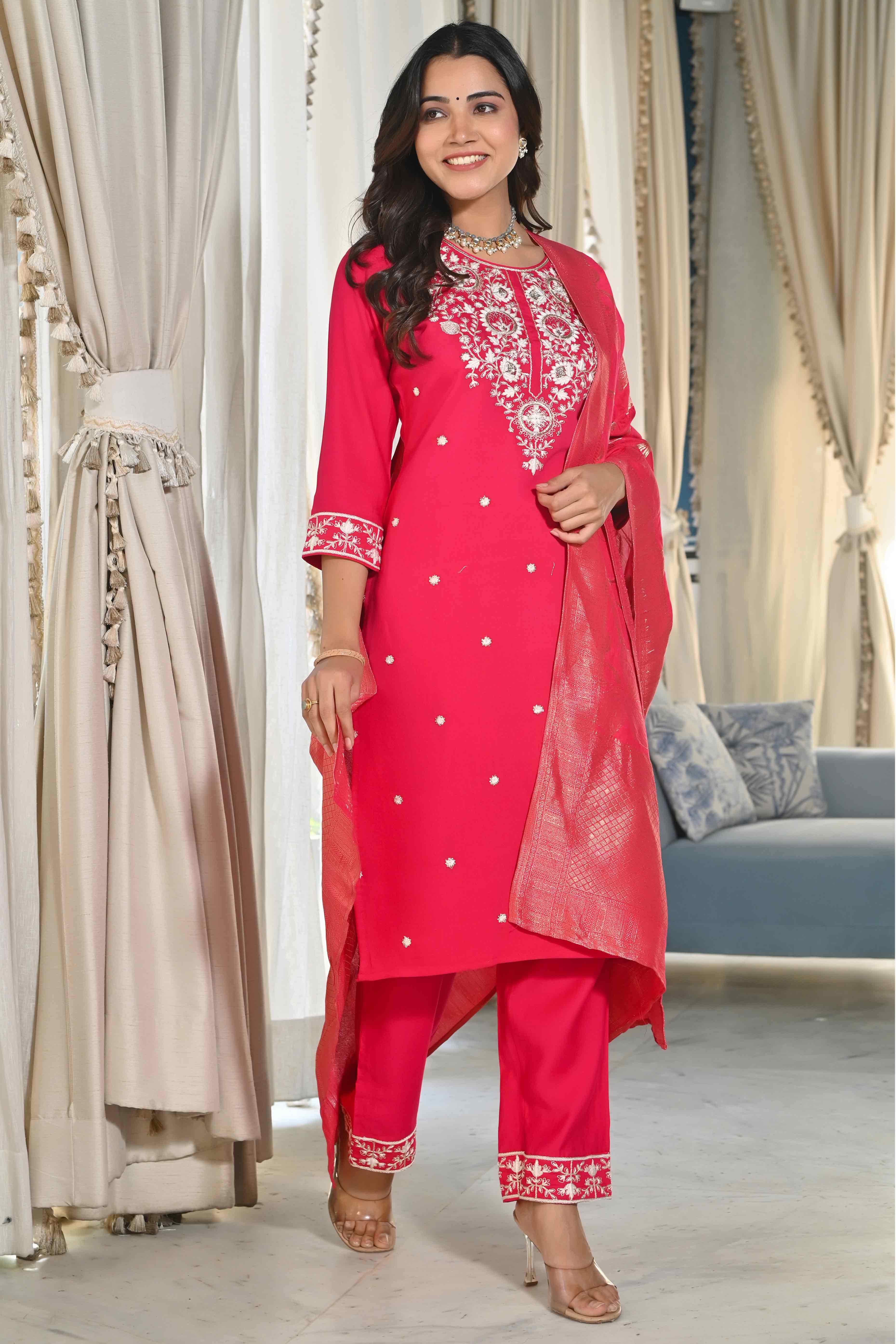 Pink Sequins Embroidered Cotton Silk Salwar Suit