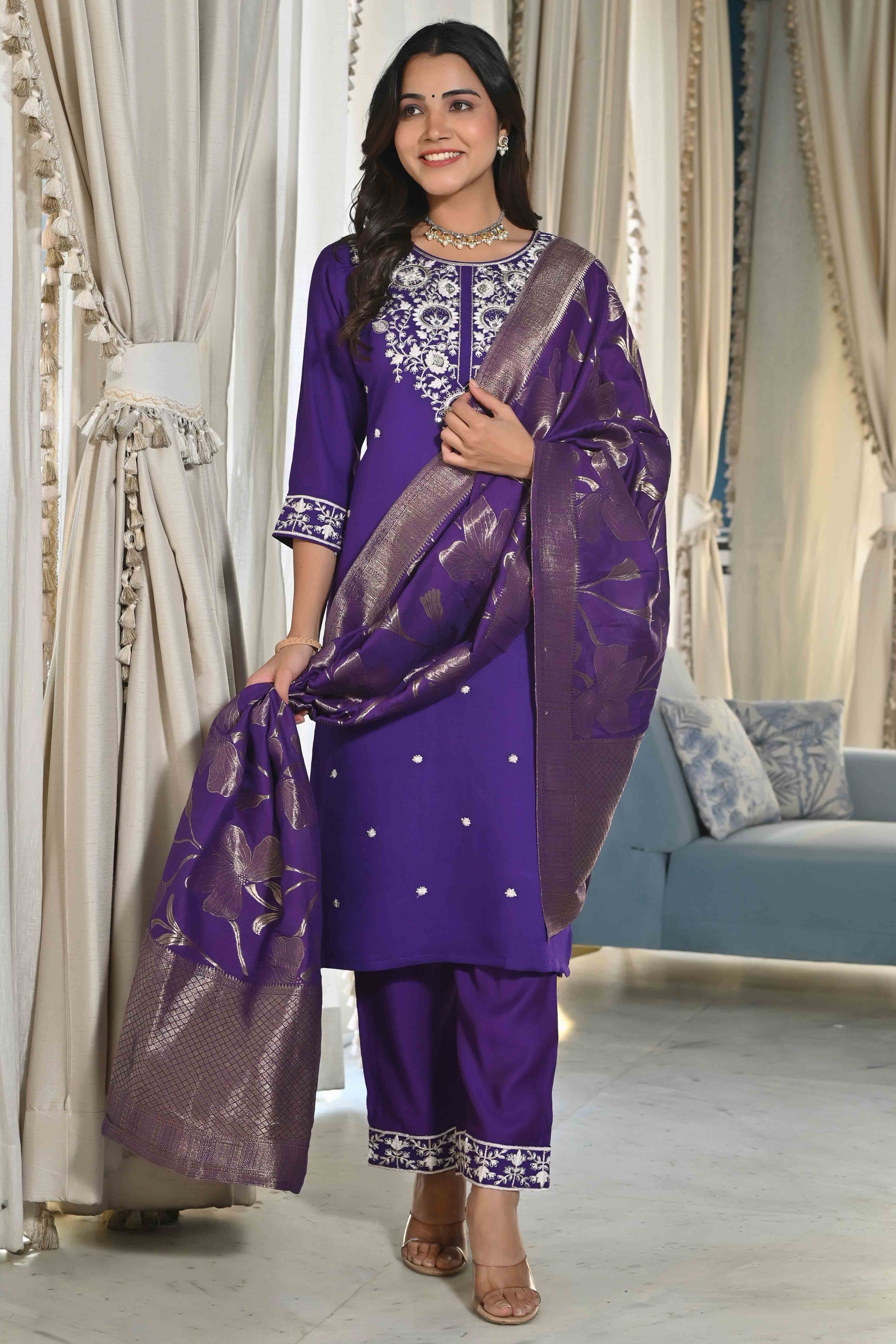 Violet Sequins Embroidered Cotton Silk Salwar Suit