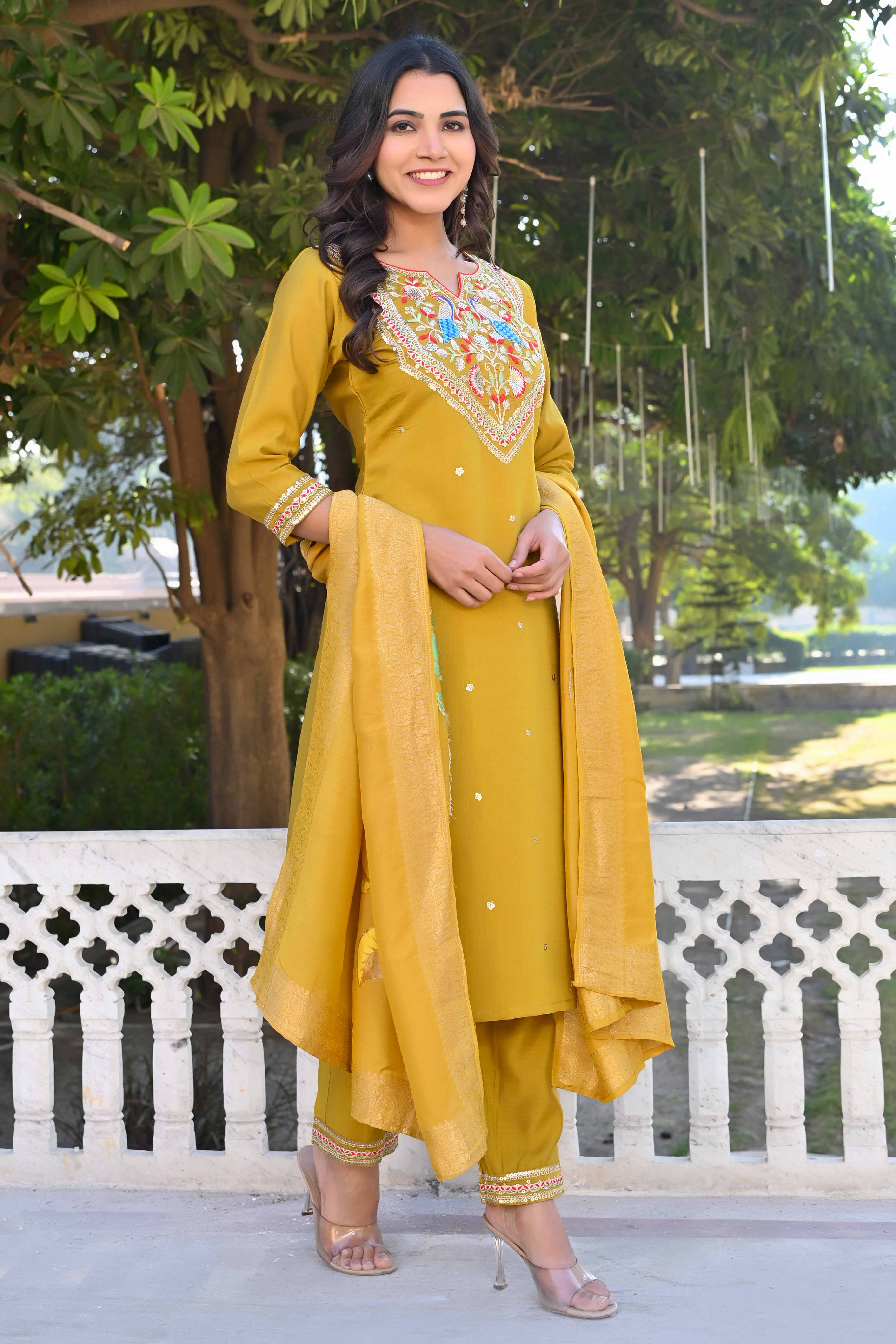 Mustard Sequins Embroidered Viscose Salwar Suit