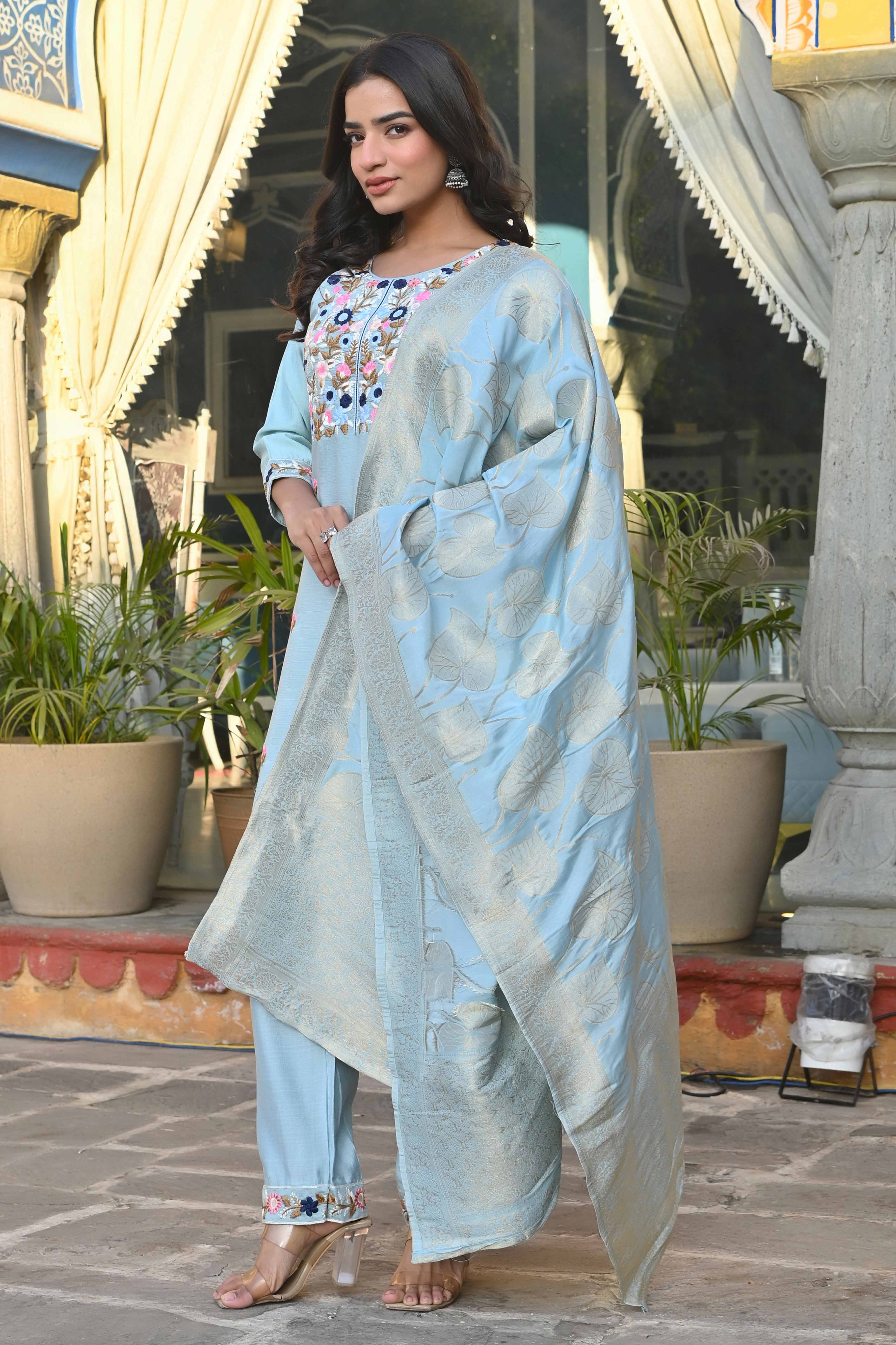 Grey Sequins Embroidered Viscose Salwar Suit