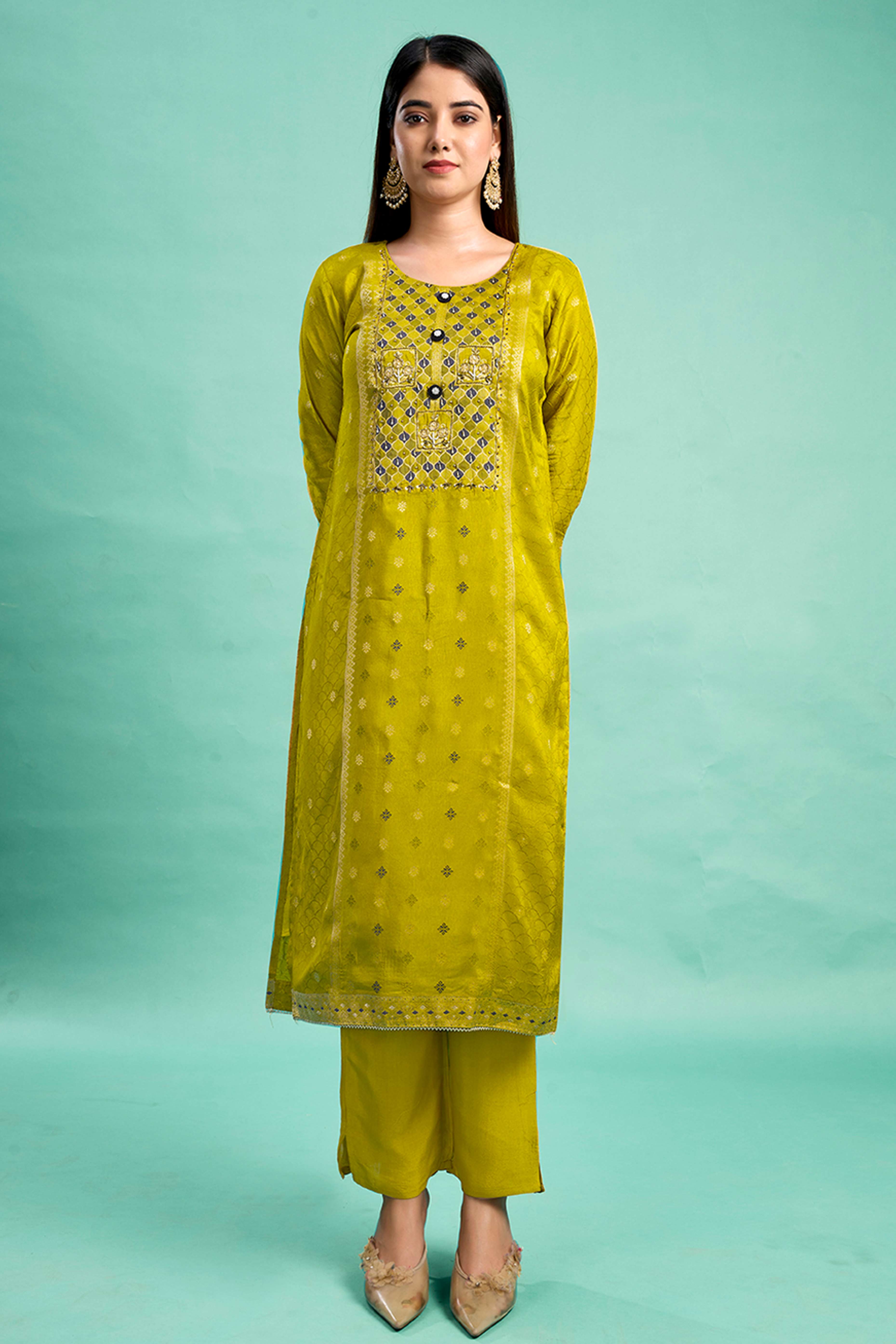 Olive Stone Work Weaving Pure Viscose Salwar Suit