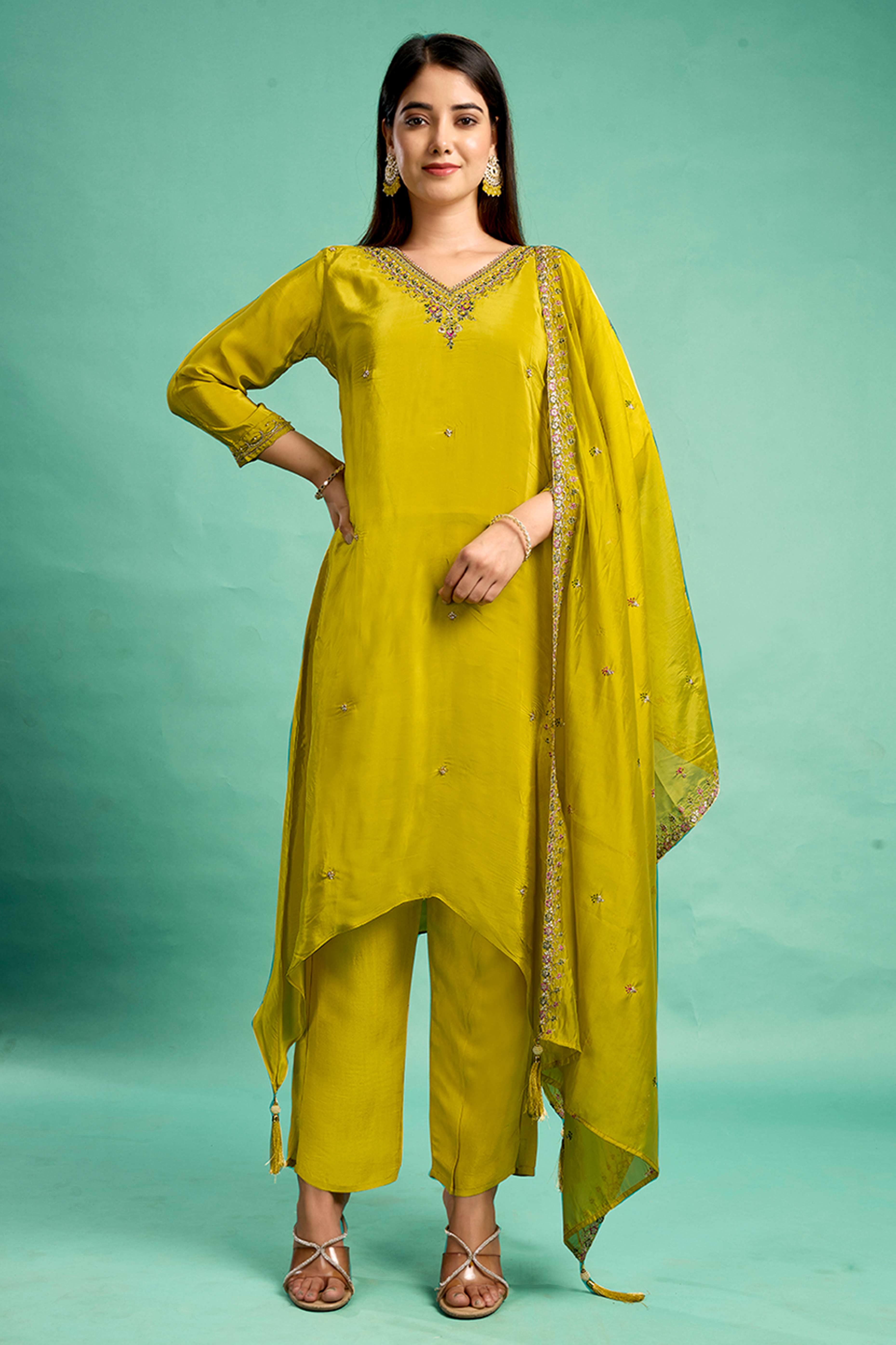 Green Sequins Embroidered Viscose Crepe Straight Salwar Suit