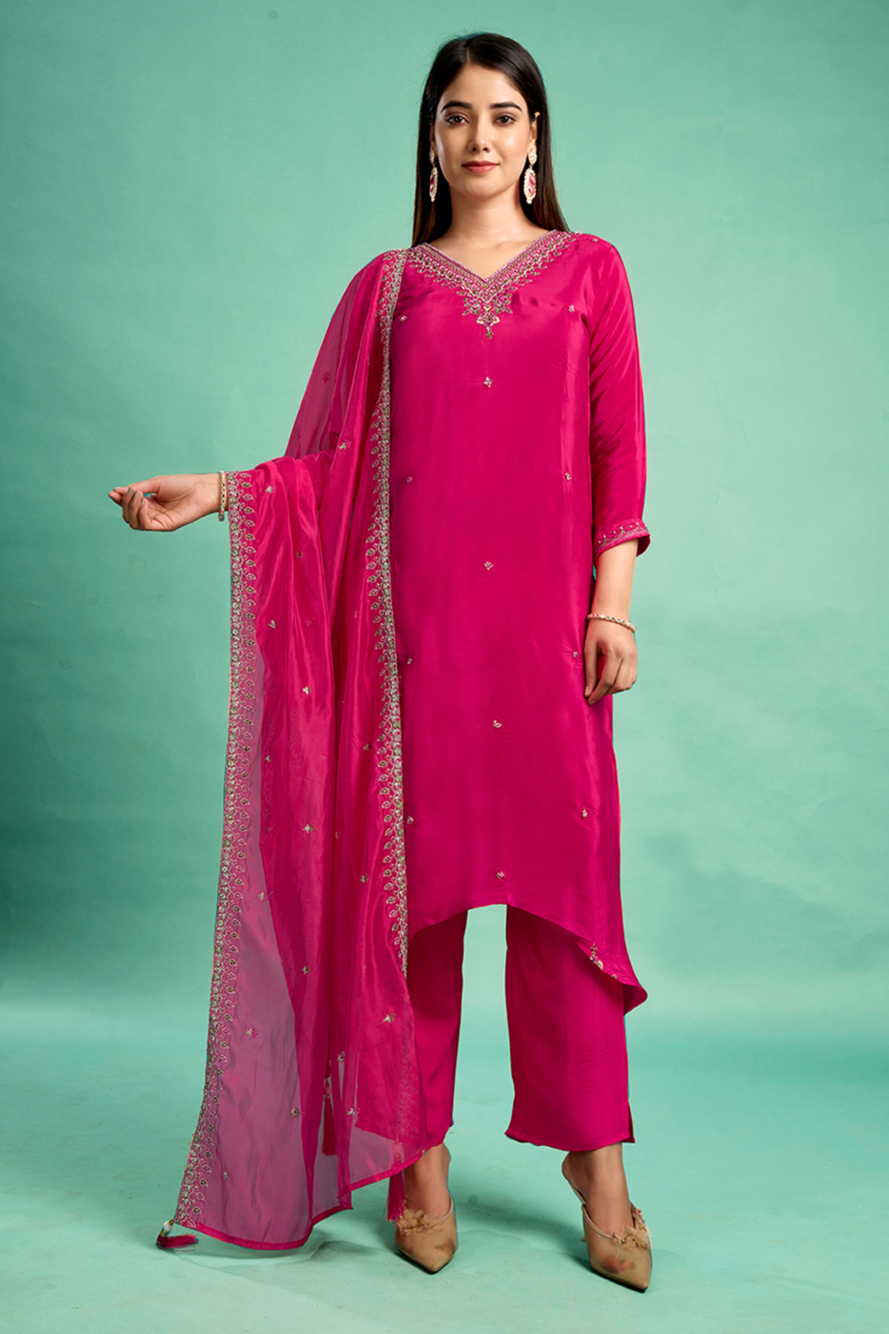 Rani Pink Sequins Embroidered Viscose Crepe Straight Salwar Suit