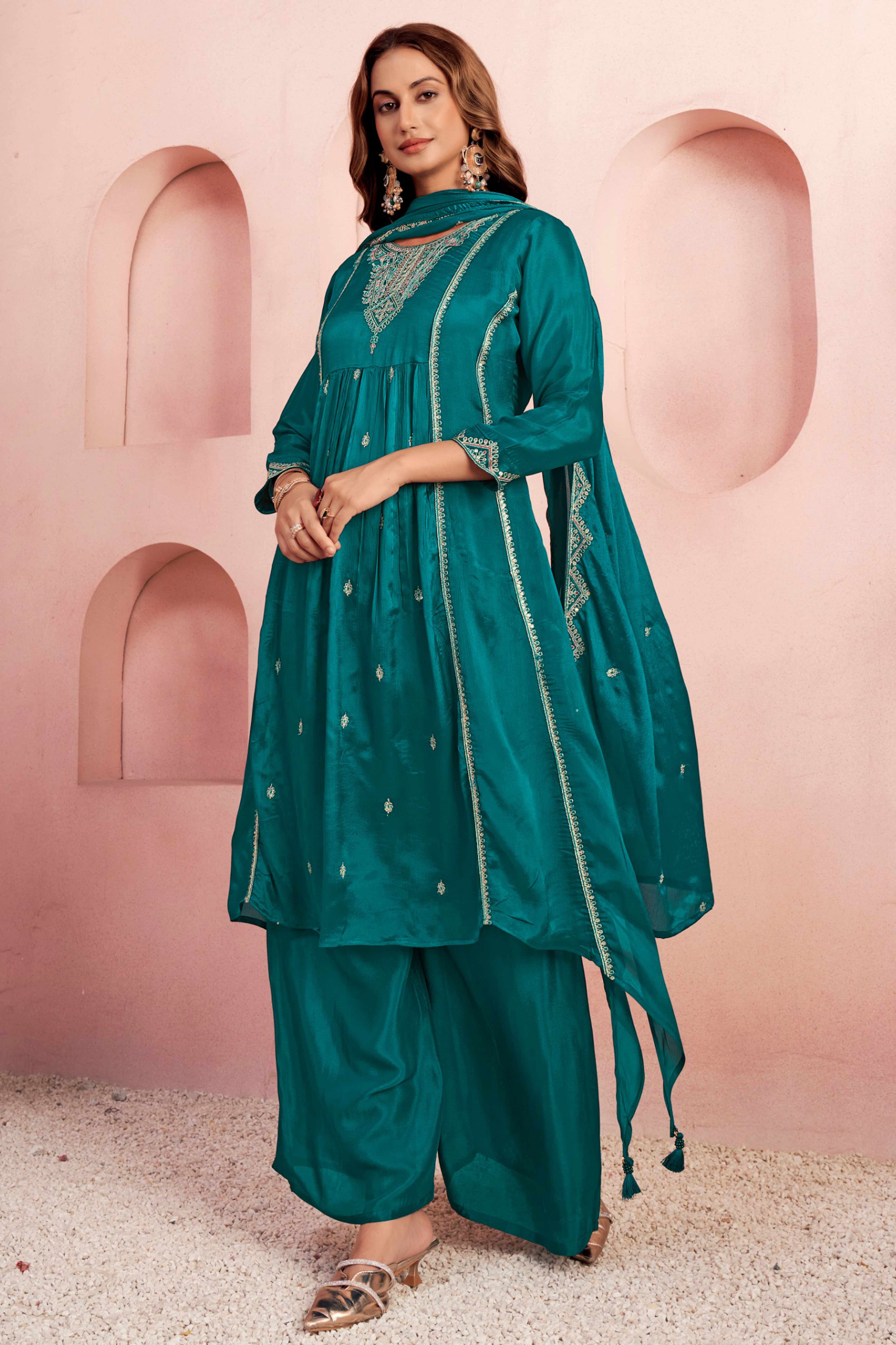 Teal Viscose Chinon A-Line Suit with Elegant Thread Embroidery