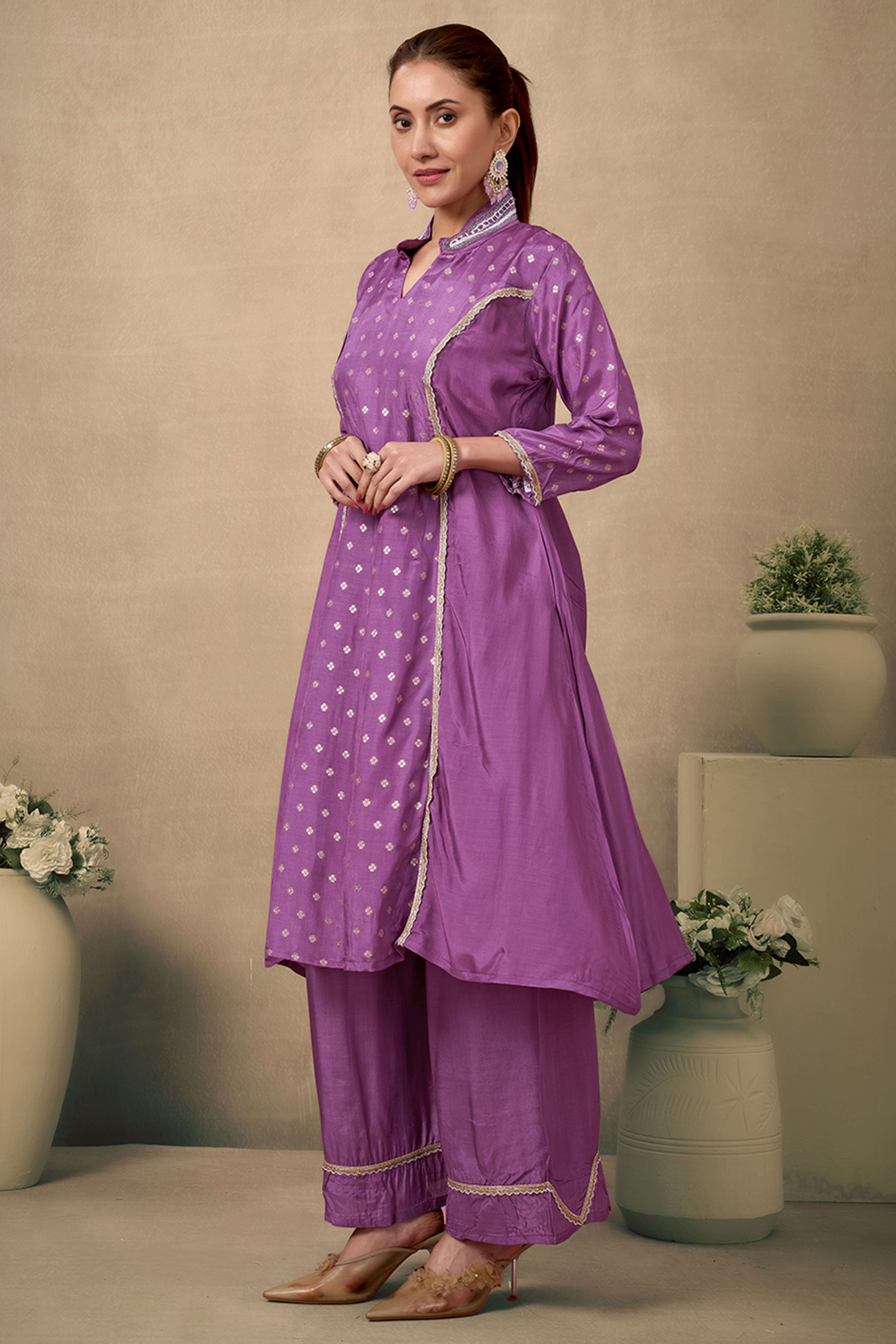 Lavender Silk Blend A-Line Top Bottom Set With Zari Weaving And Stone Work