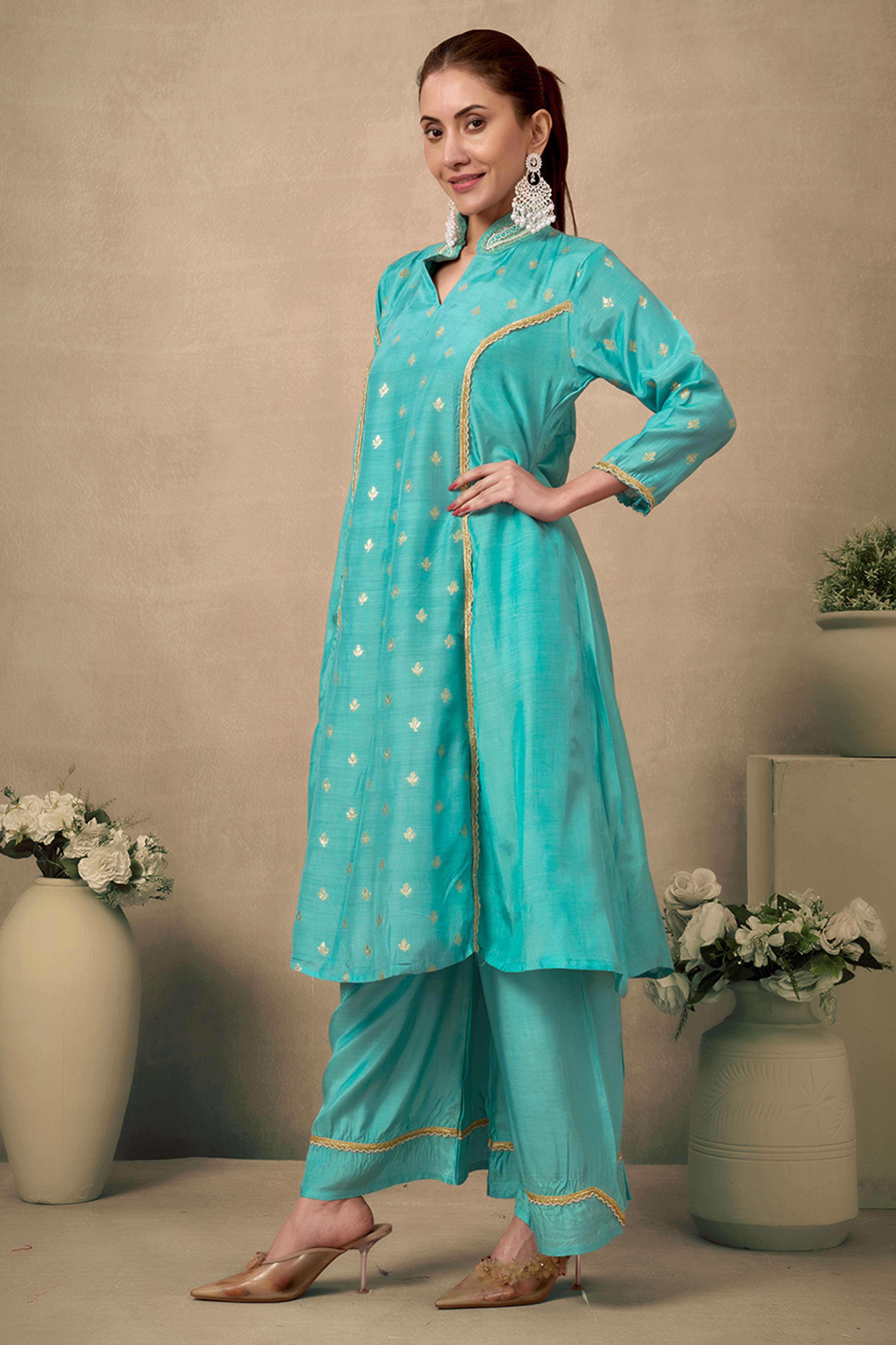 Turquoise Silk Blend A-Line Top Bottom Set With Zari Weaving And Stone Work