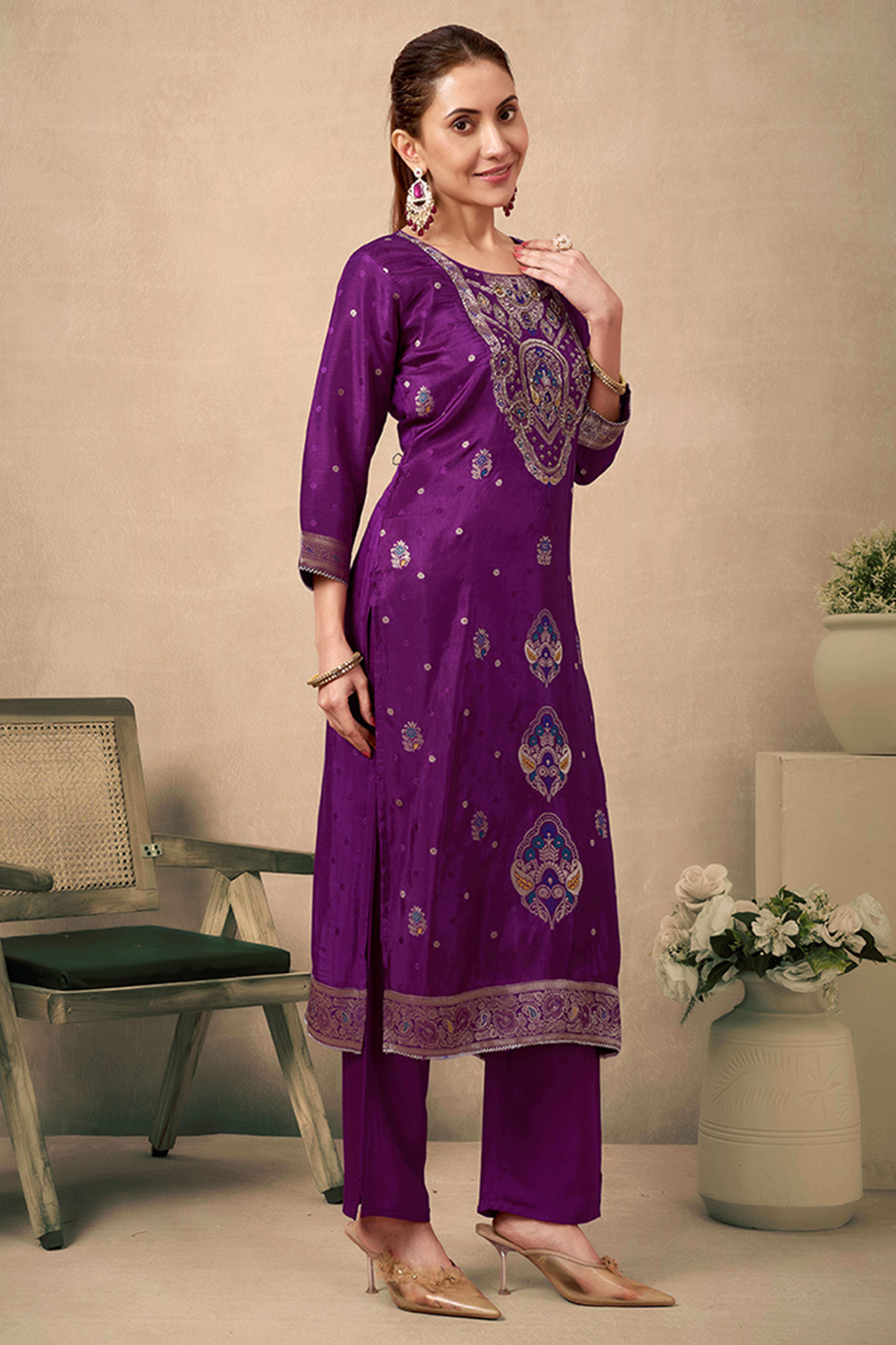 Wine Colored Viscose Jacquard Silk Straight Salwar Suit With Zari Weaving And Stone Work.