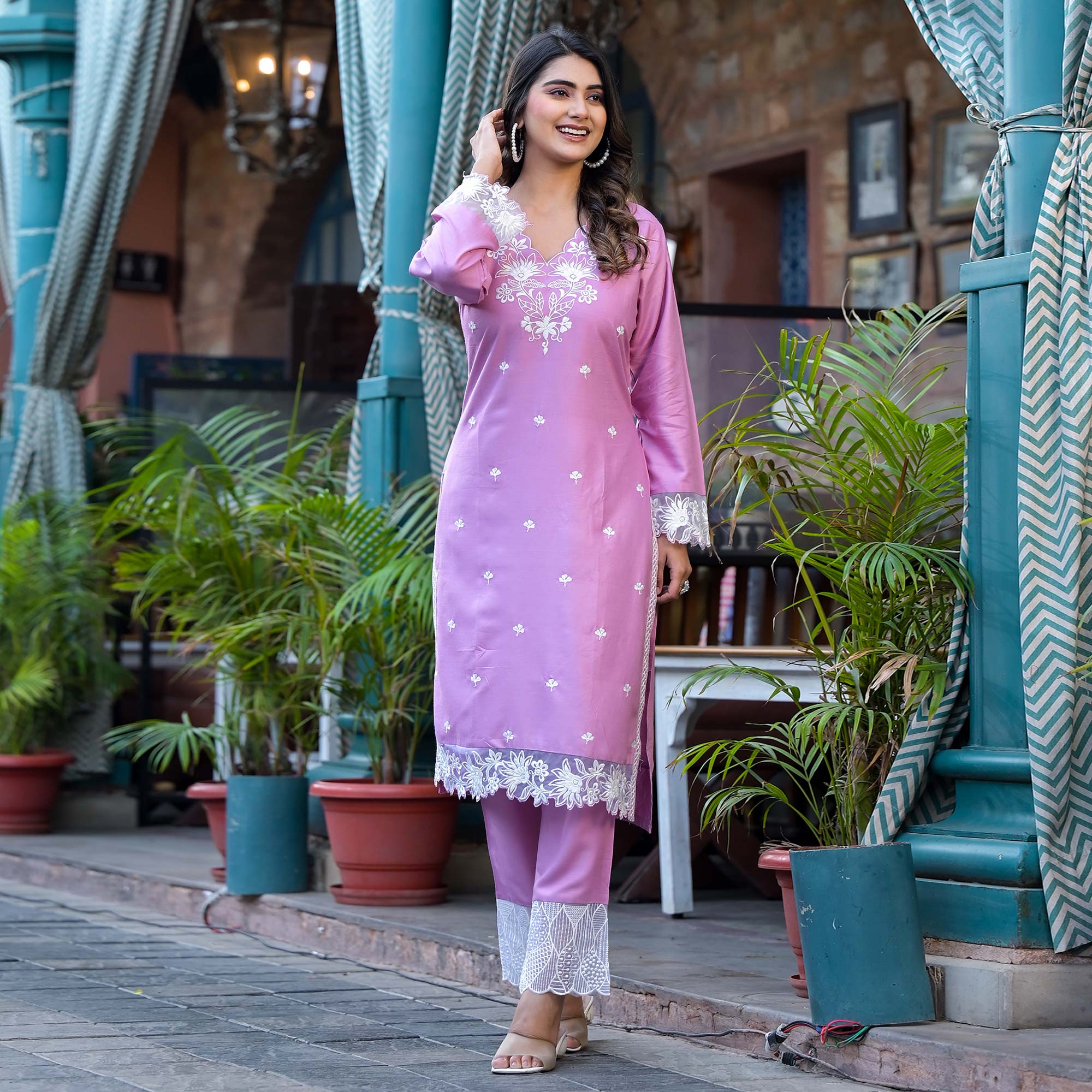 Pink Embroidered Rayon Straight Kurti Sets