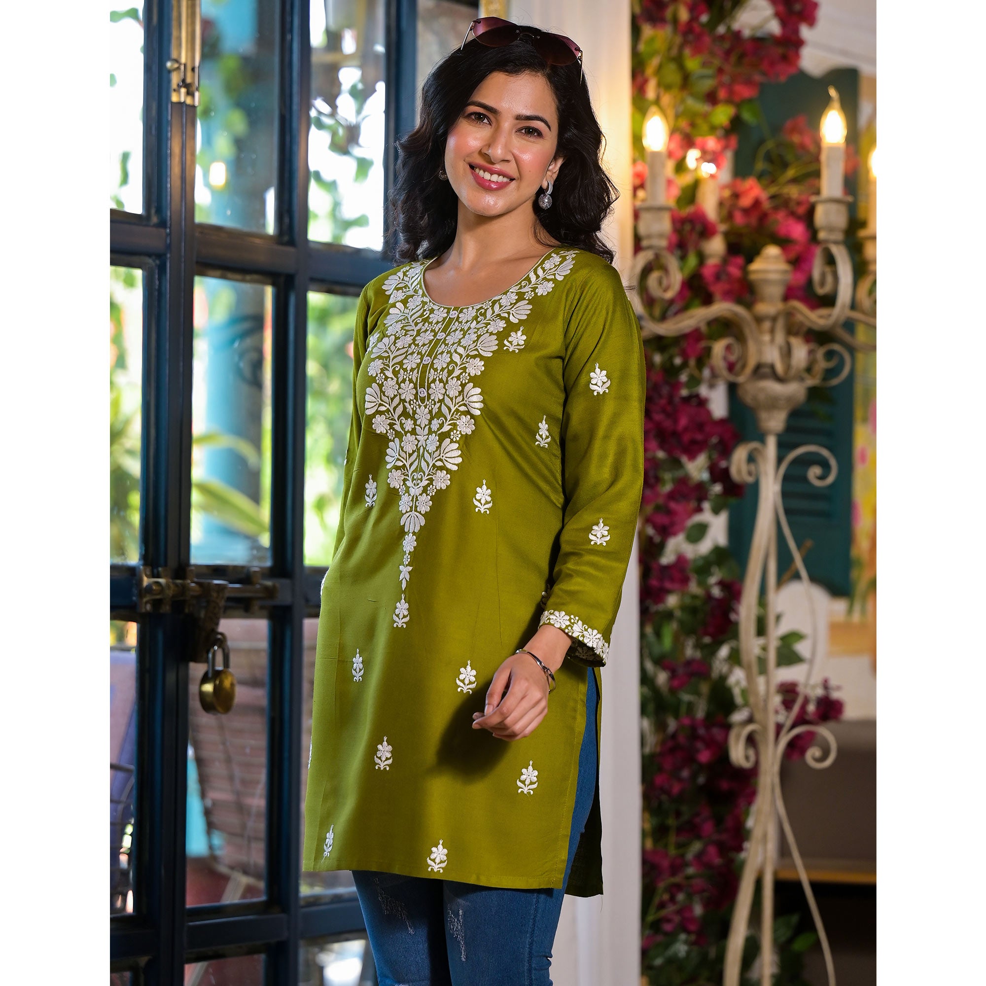 Green Embroidered Rayon Straight Top